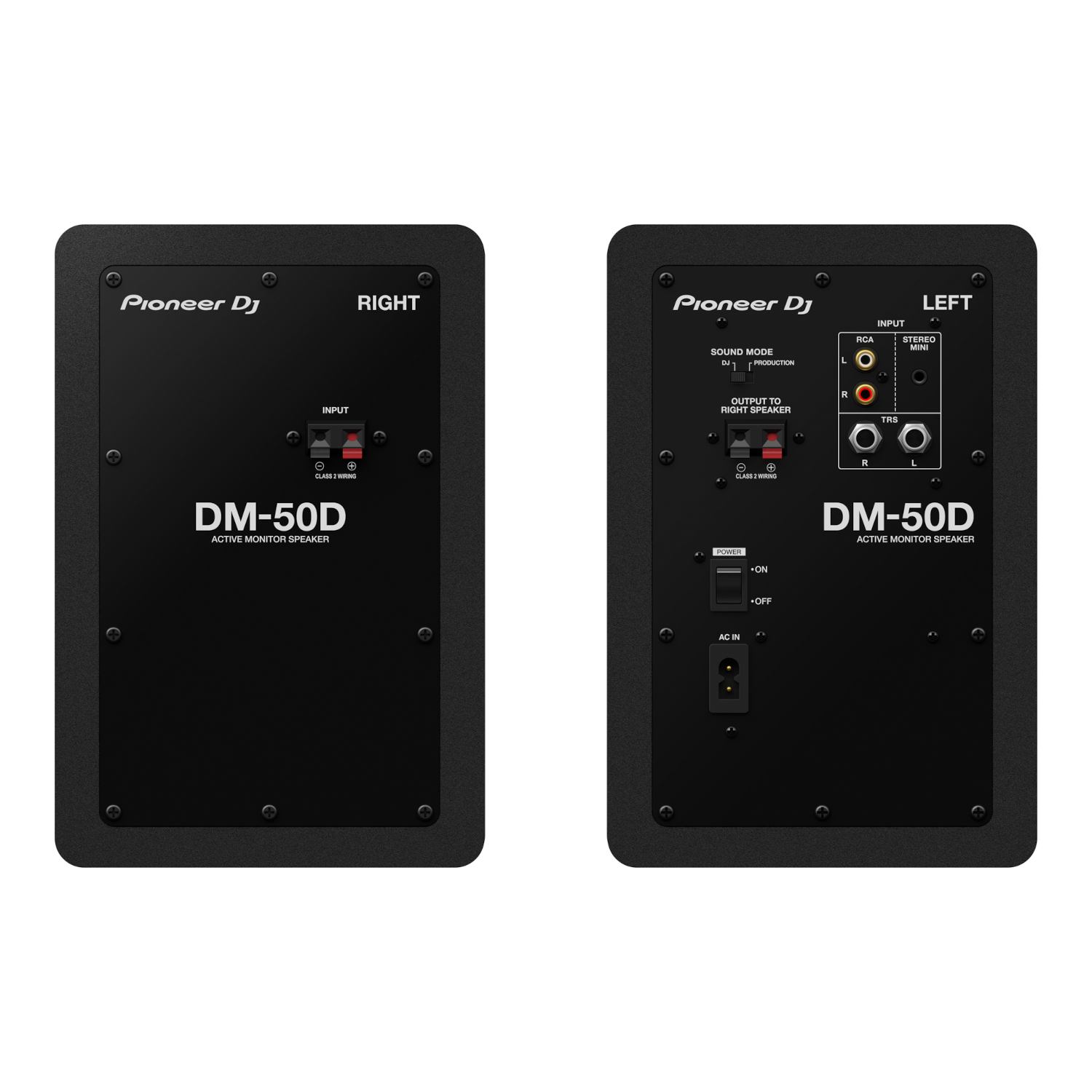 Two black Pioneer DJ DM-50D monitor speakers showing the front and back.
