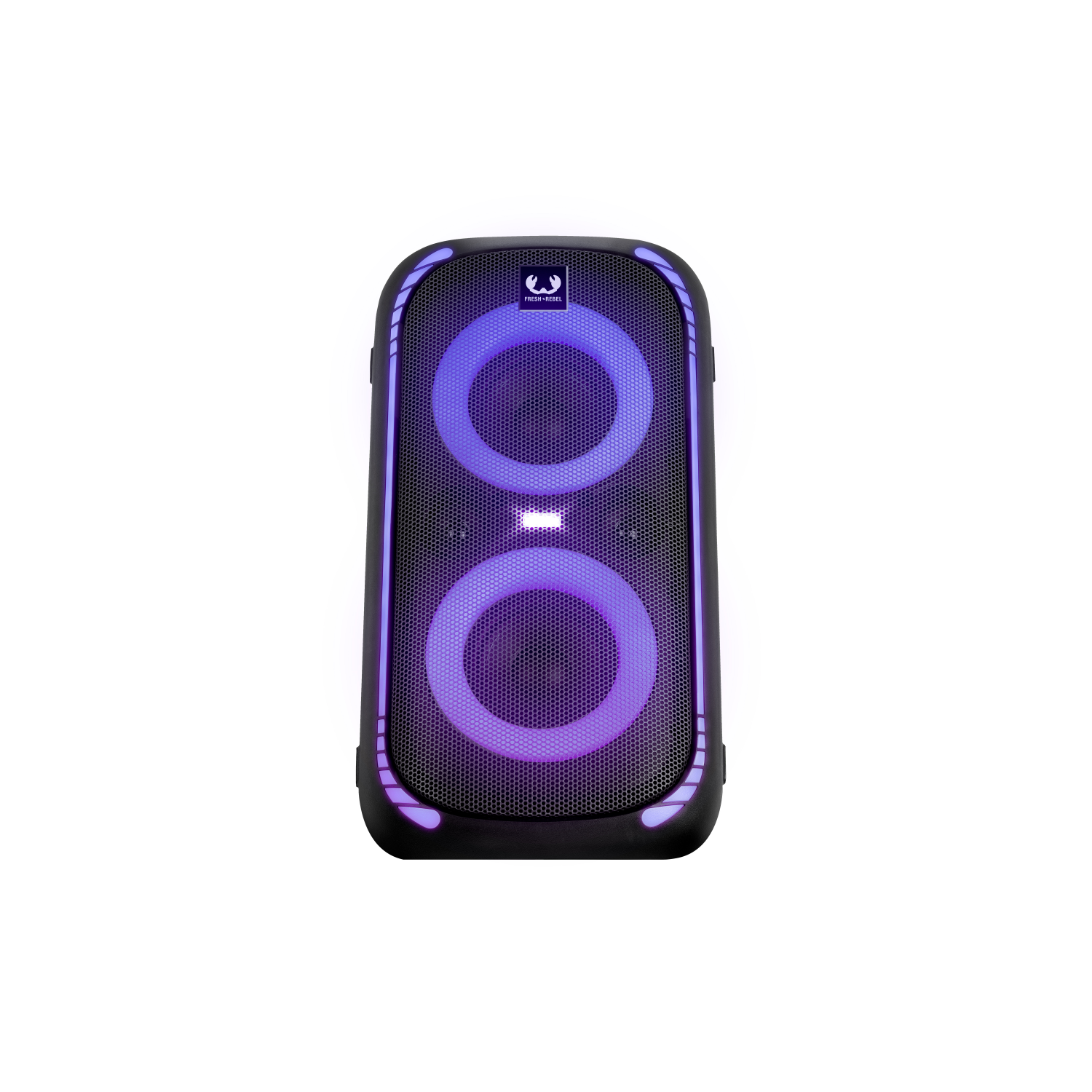 Zwarte speaker met twee cirkelvormige lichten. Paarse gloed. De merknaam staat bovenaan.