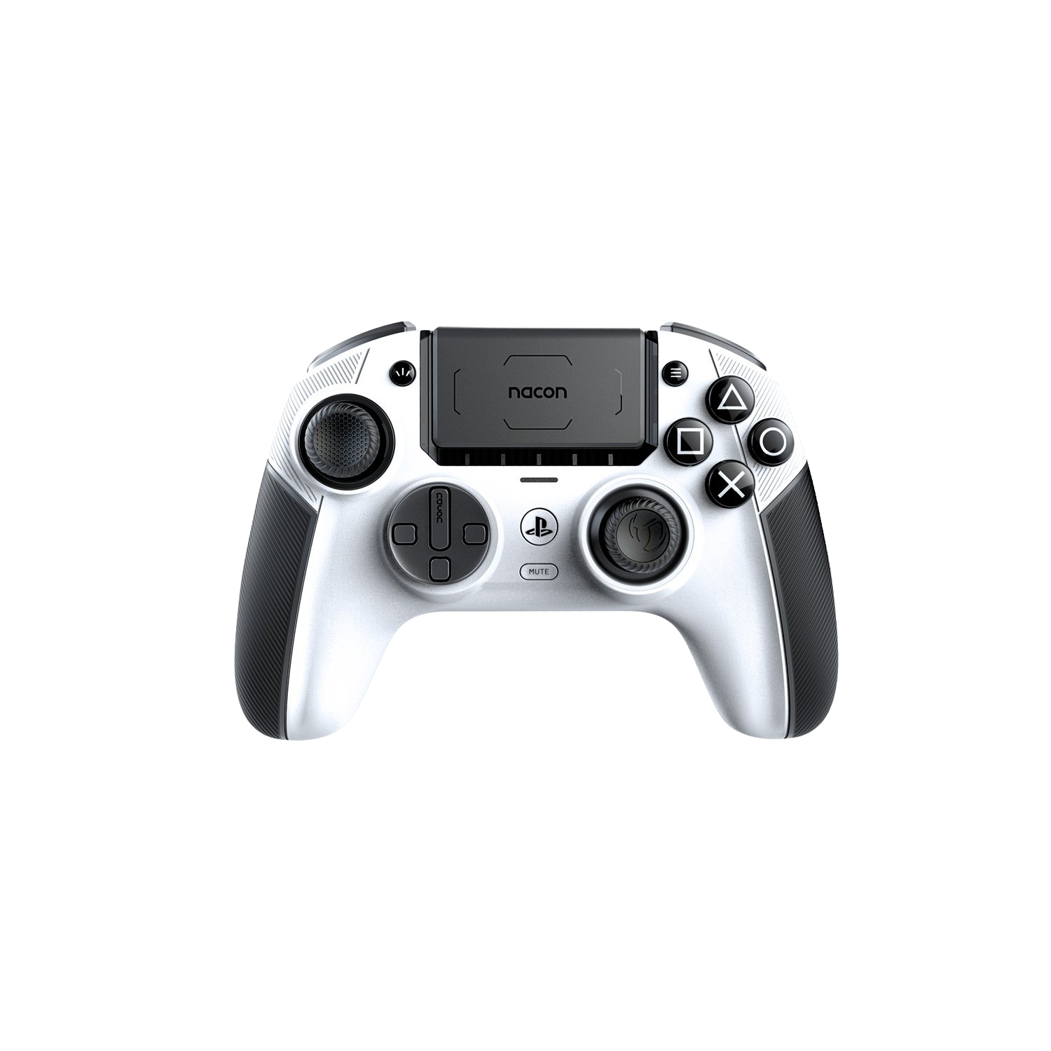 Biało-czarny kontroler PS5 z przyciskami i czarnym panelem dotykowym.