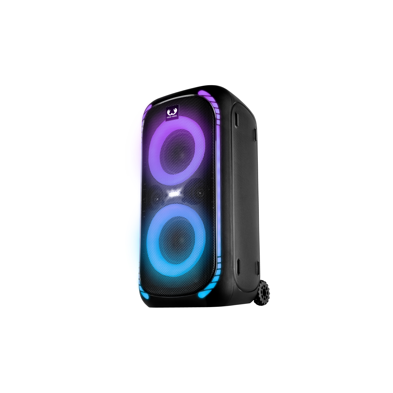 Een zwarte speaker met kleurrijke lichten. Het heeft twee ronde lichten en wielen aan de onderkant.