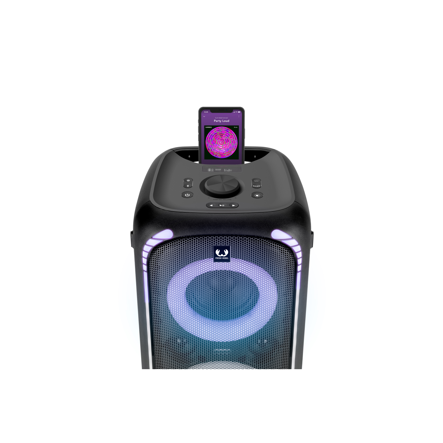 Zwarte speaker met telefoon erop die muziek afspeelt. Paarse lichten gloeien.