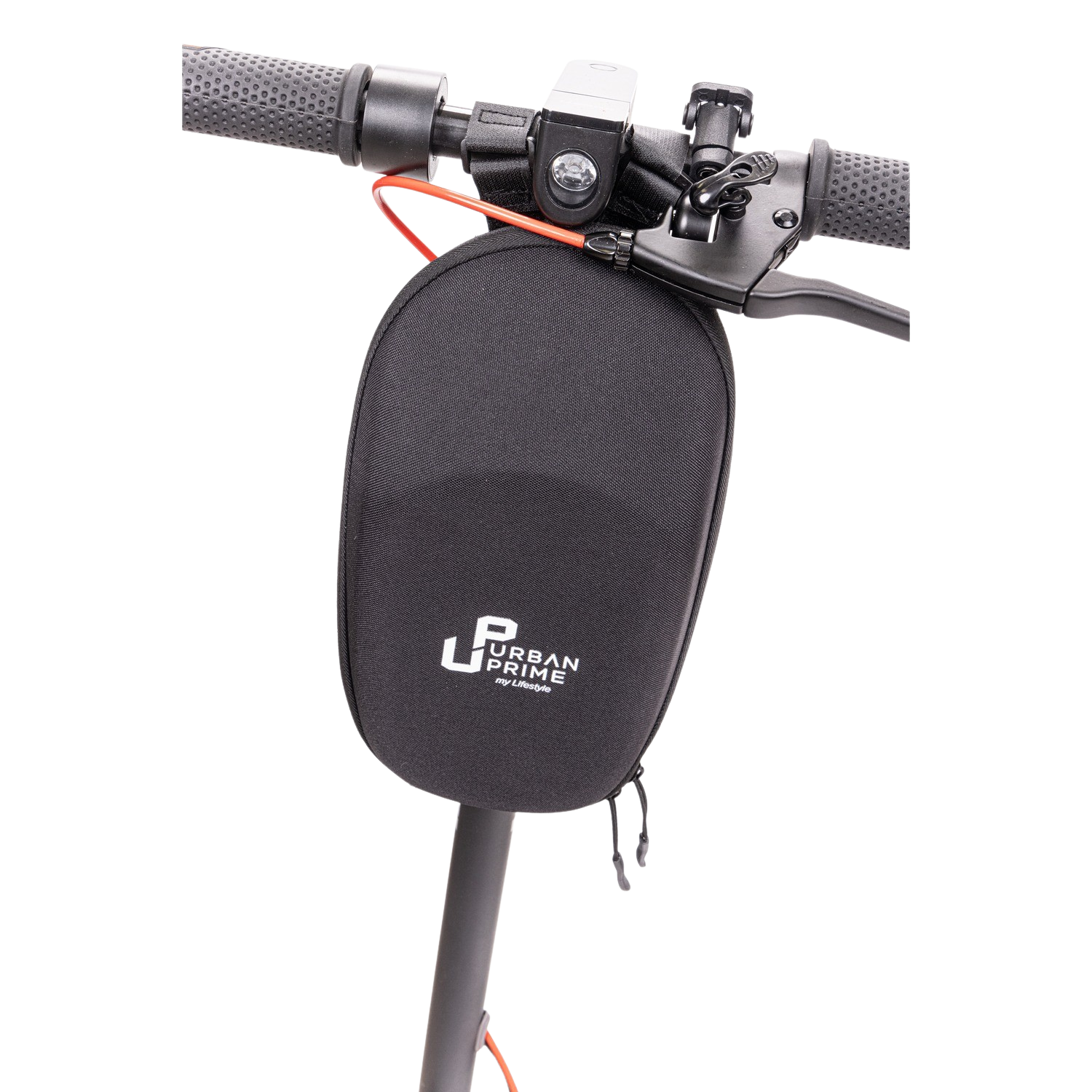 Black scooter bag attached to handlebars. The bag has a logo: Urban Prime. Red cable visible.
