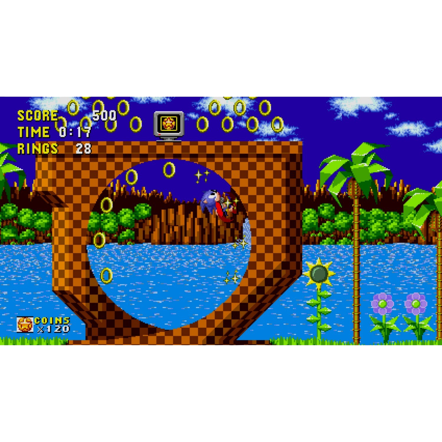 Sonic the Hedgehog przeskakuje przez pętlę w poziomie gry retro.