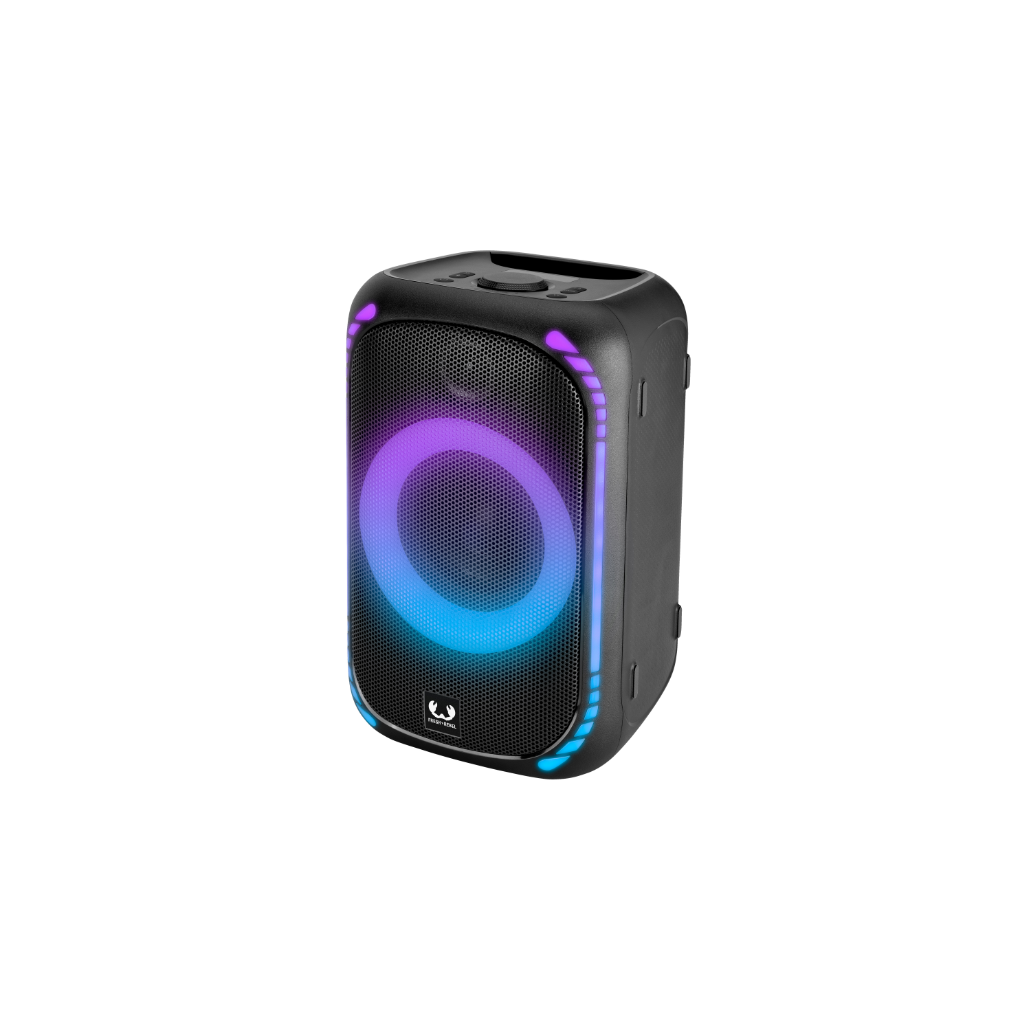Schwarzer Lautsprecher mit Gitterfront, beleuchtet durch blaue und lila Lichter.