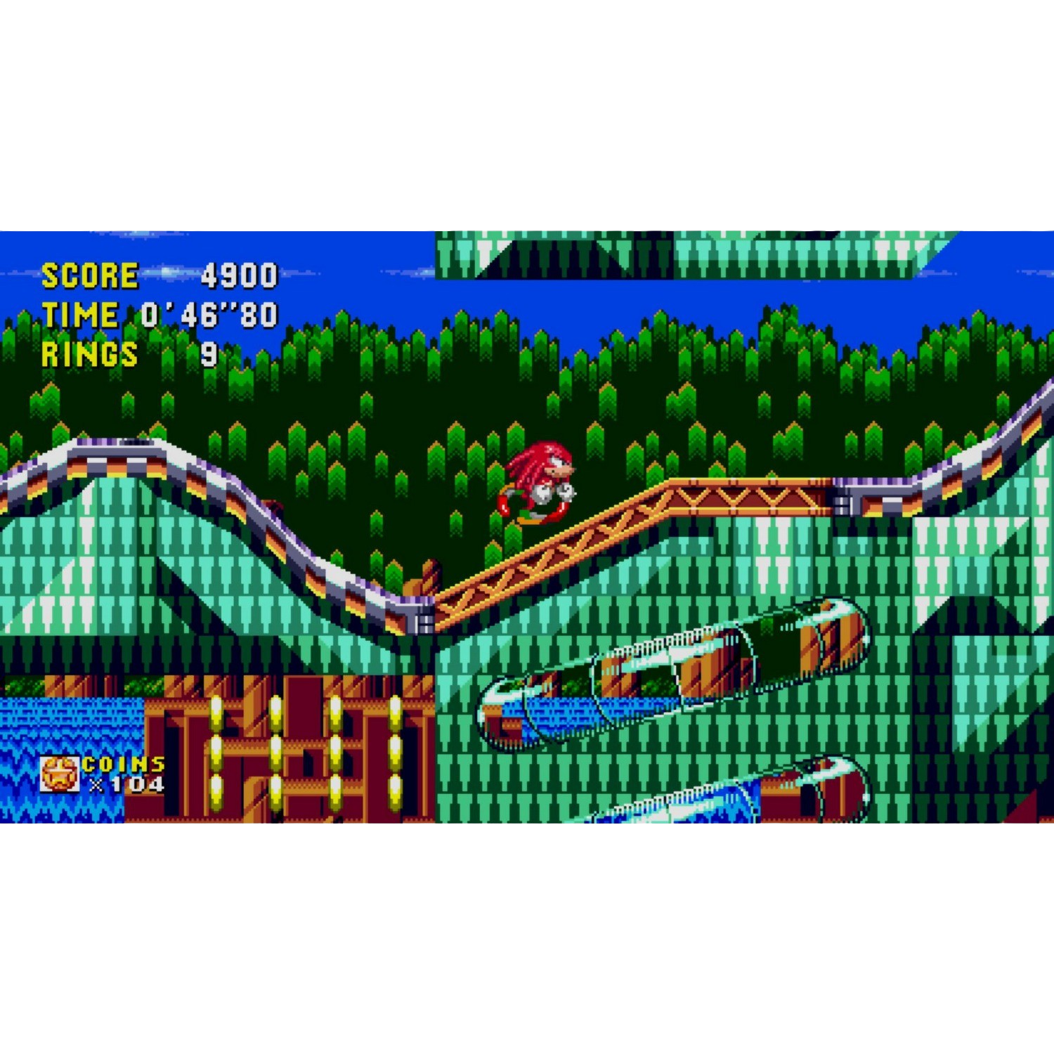 Knuckles biegnie po torze w pikselowanej grze wideo. Wyświetlane są wynik, czas i pierścienie.