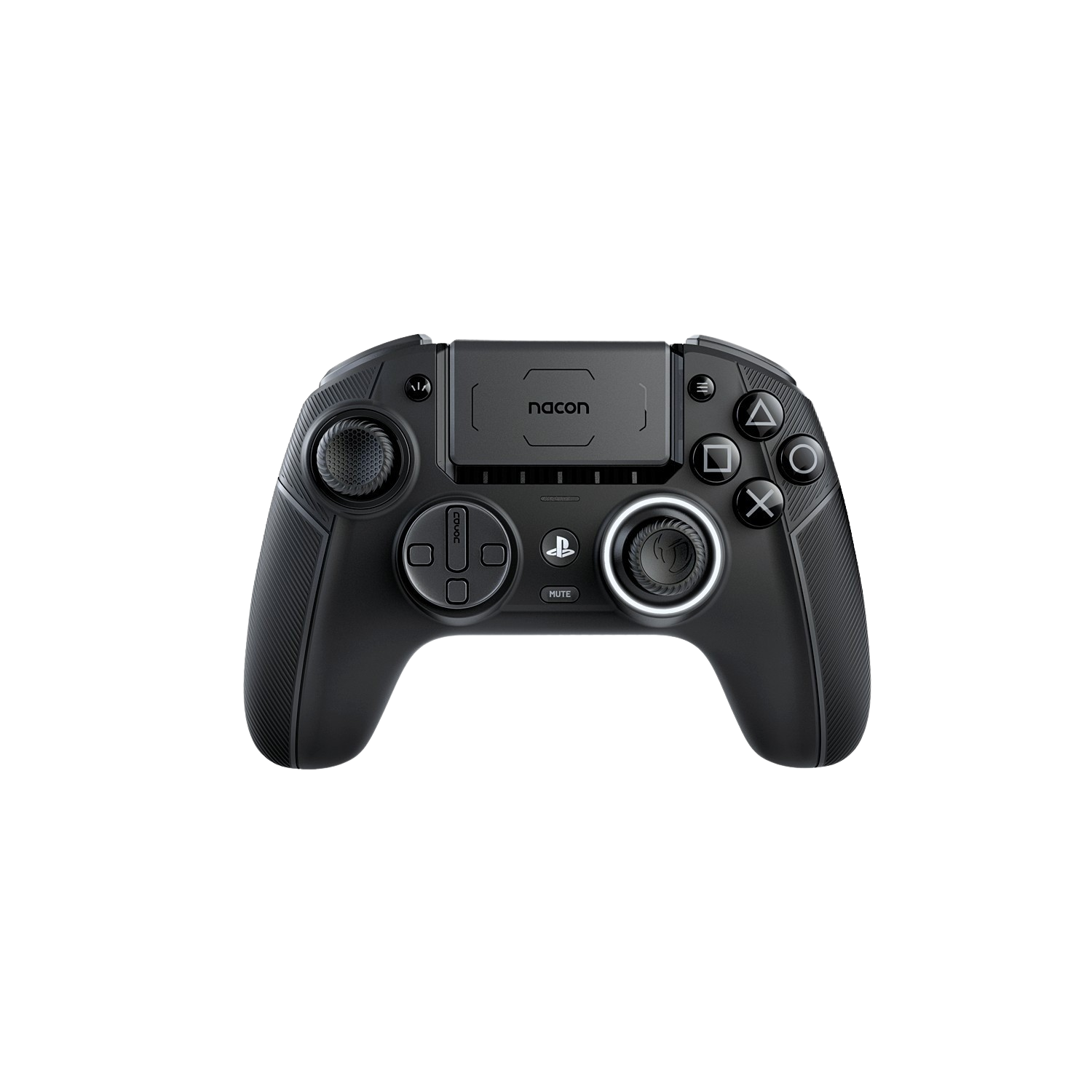 Czarny kontroler do gier z przyciskami, padem kierunkowym i joystickami.