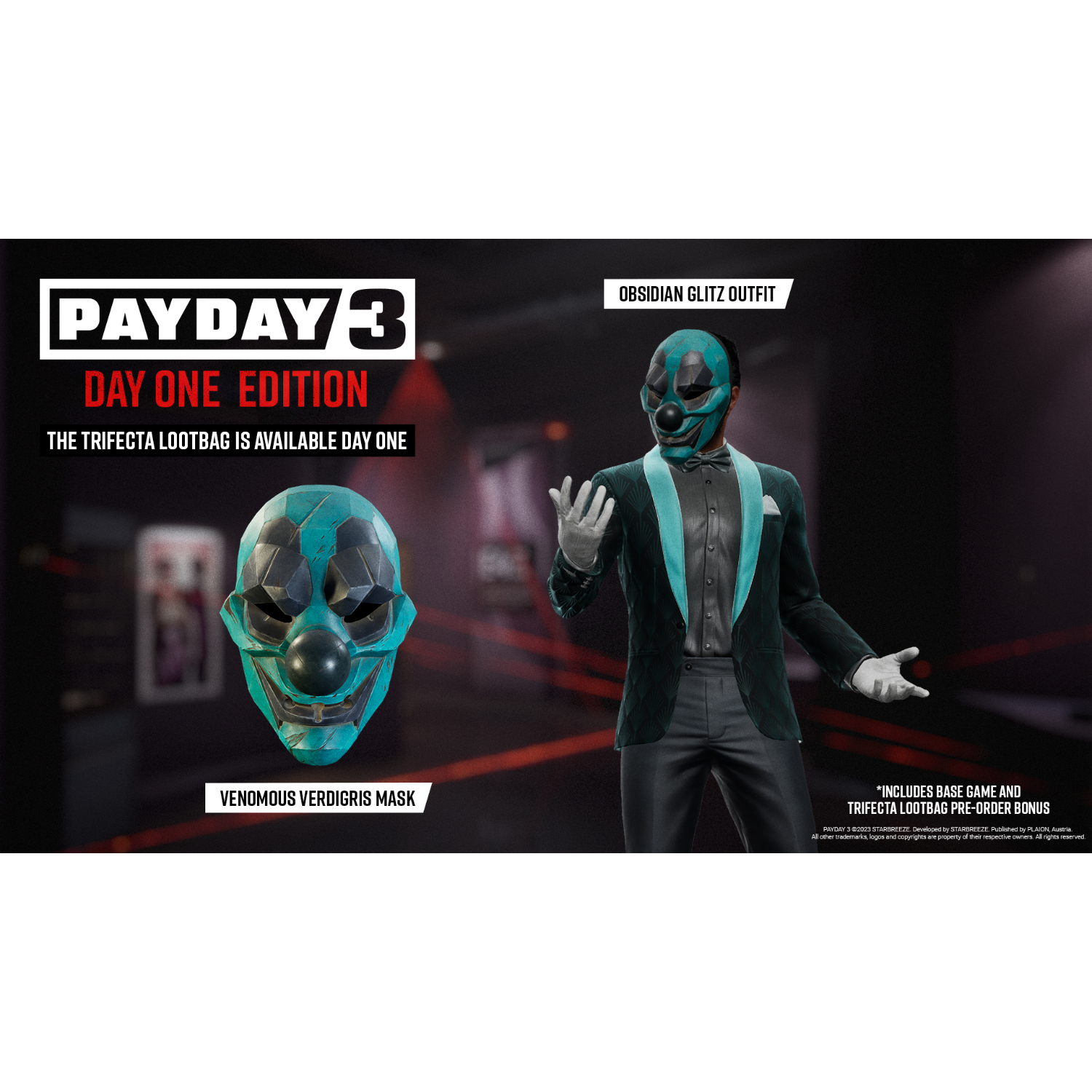Day One Edition di Payday 3, con una maschera, un personaggio e il titolo del gioco su sfondo bianco.