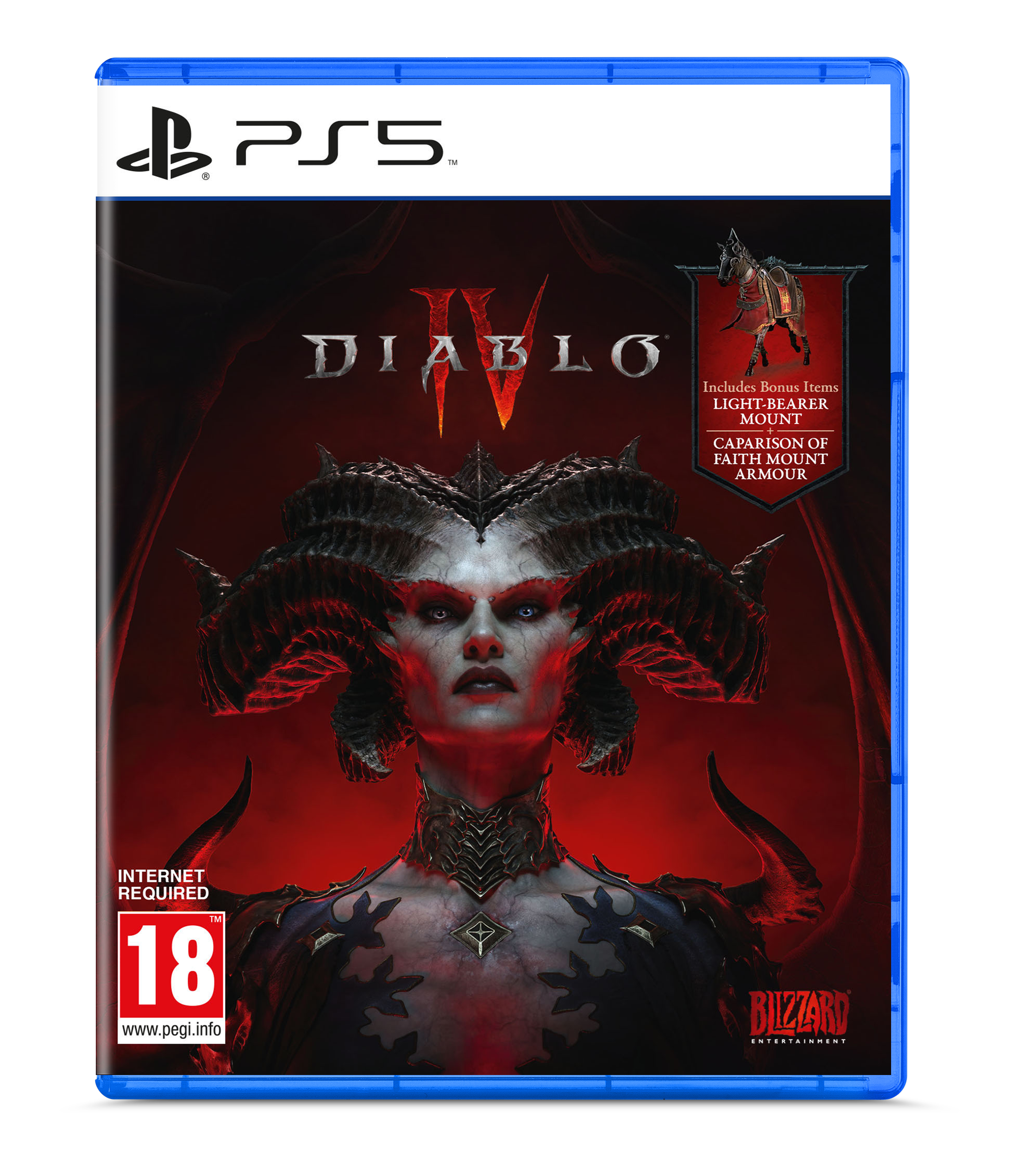 Pudełko gry PS5 Diablo IV z mrocznym wizerunkiem kobiety z rogami.