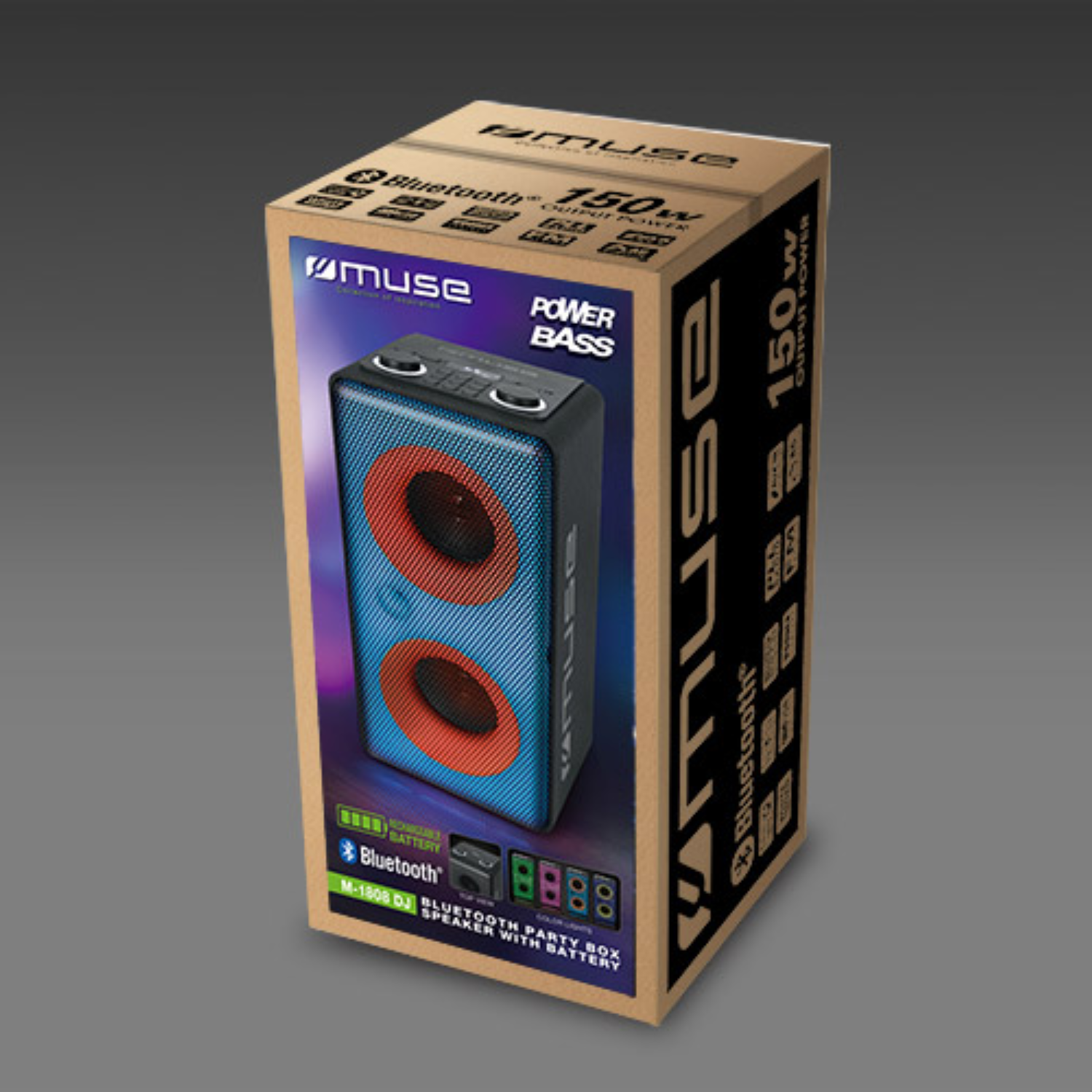 Scatola di cartone con design di altoparlante, colori blu e arancione e testo sul Bluetooth.