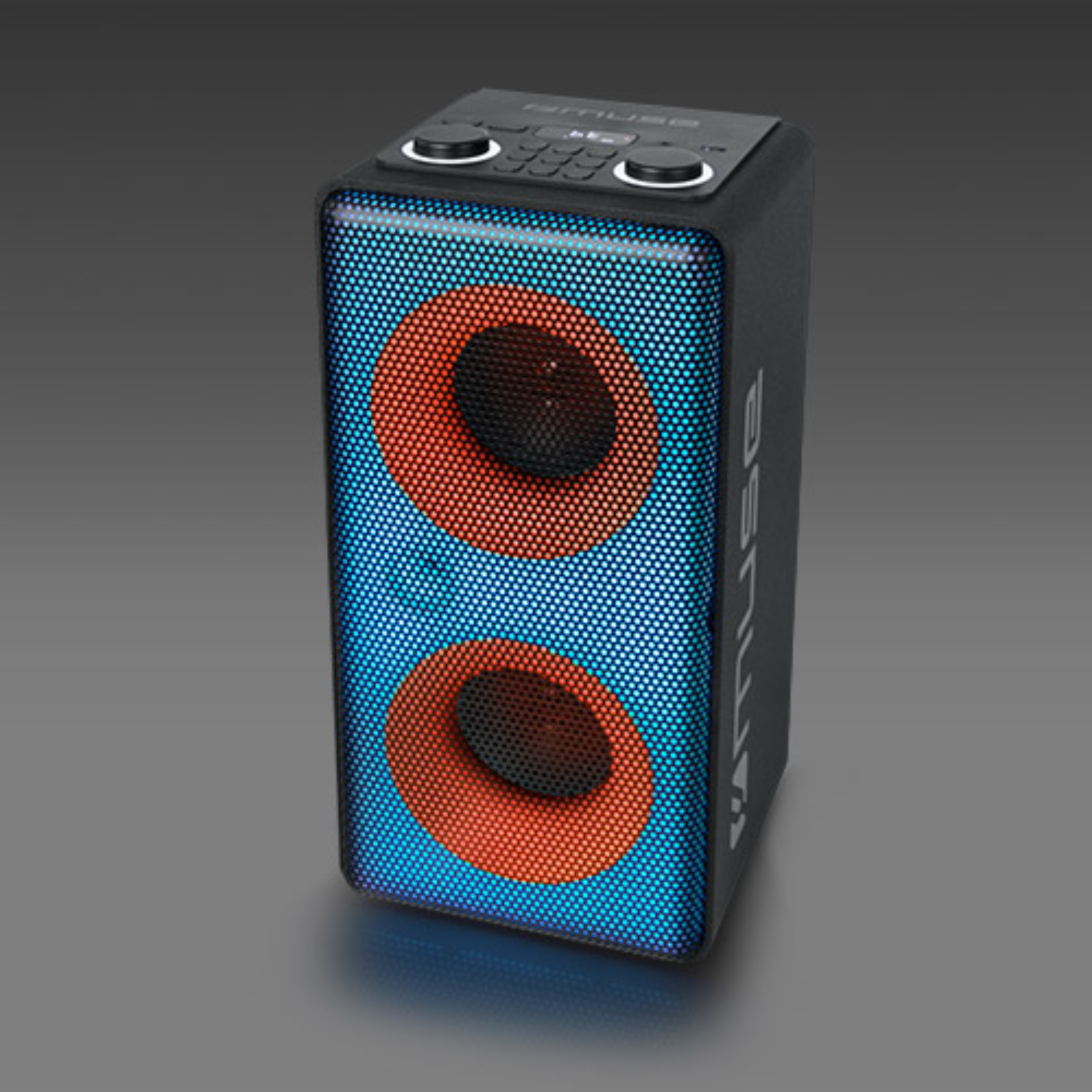 Un altoparlante nero con illuminazione blu e arancione. L'altoparlante ha un design a griglia.