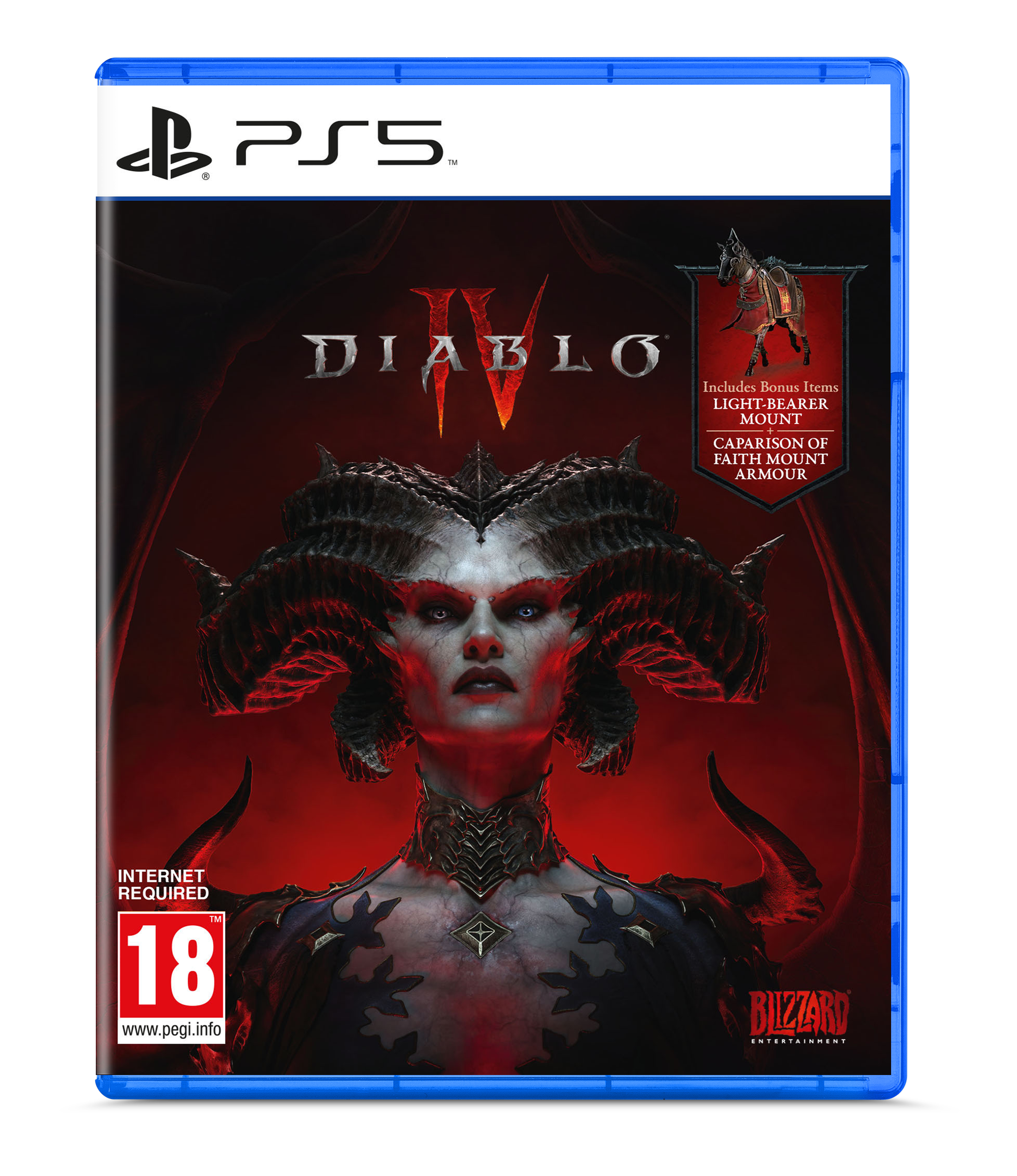 Pudełko gry Diablo IV na PS5. Kobieta z rogami w centrum. Zawiera elementy bonusowe.