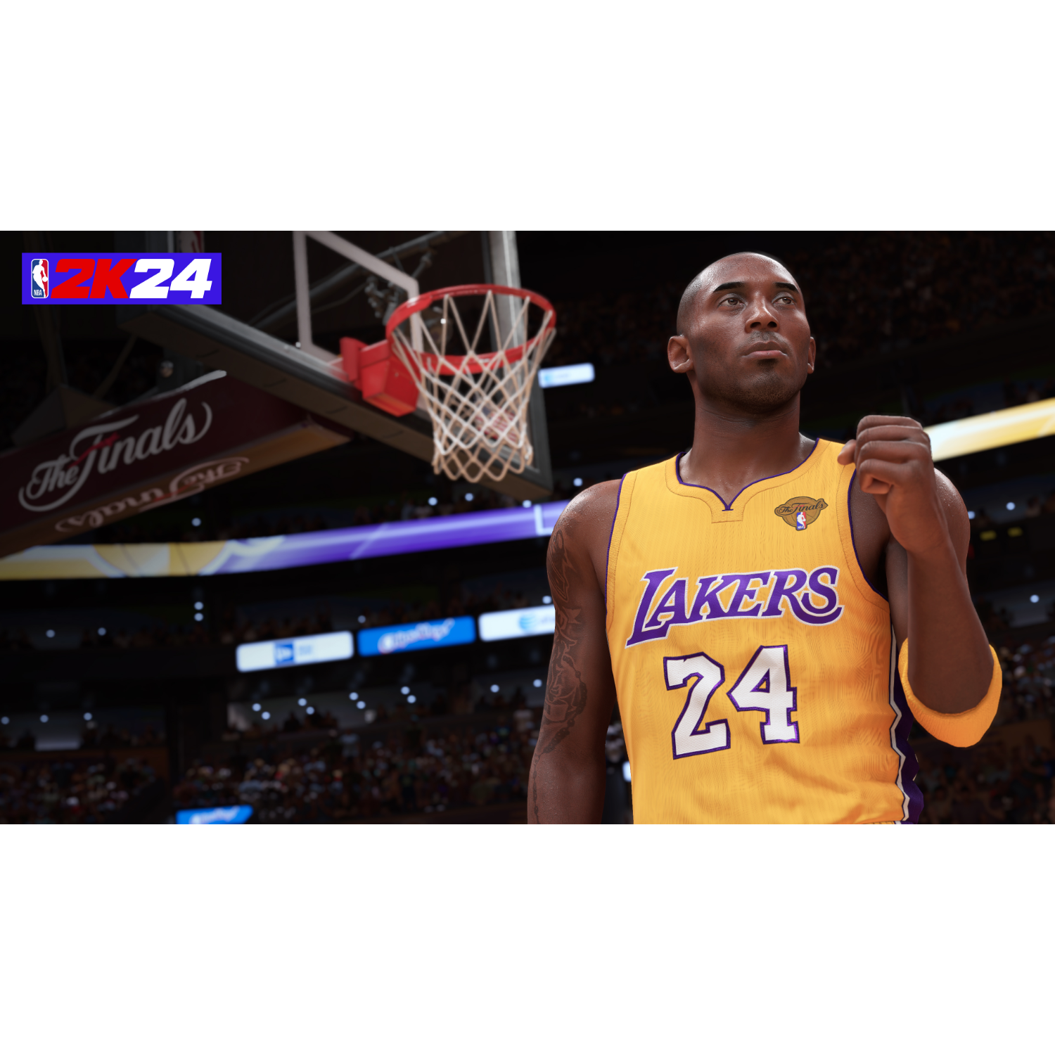 Kobe Bryant w koszulce Lakers, patrzący w górę. Tło boiska do koszykówki z tekstem Finałów.