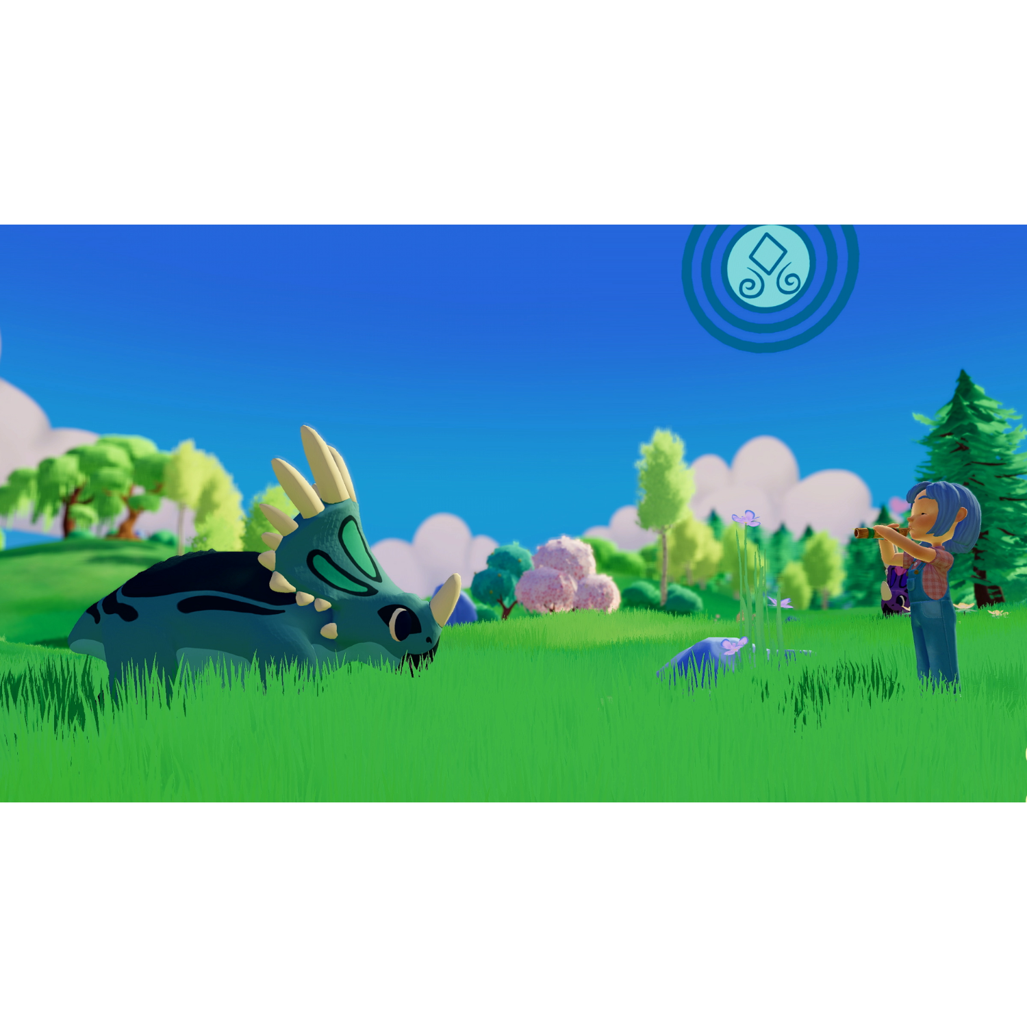 Eine Spielszene. Ein Mädchen betrachtet einen Triceratops auf einem Feld. Ein blauer Kreis ist am Himmel.