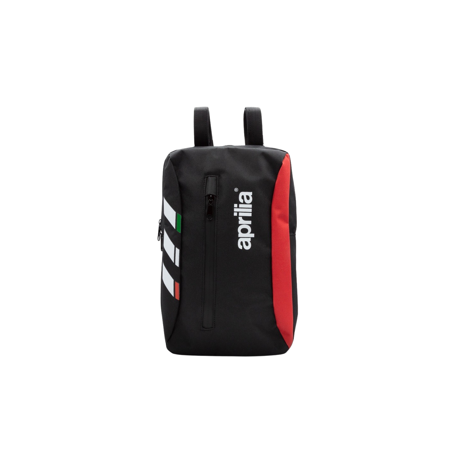 Borsa nera con una striscia bianca, verde e rossa sul lato. La parola Aprilia è scritta sopra.
