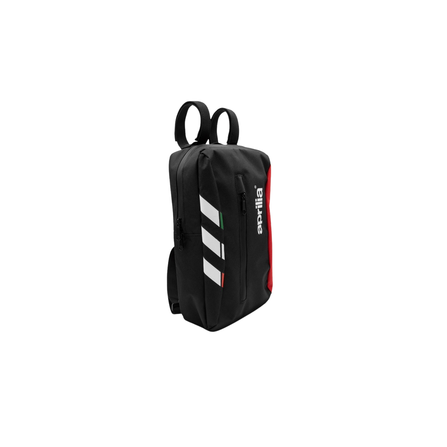Uno zaino nero con una striscia rossa e strisce bianche, e il logo Aprilia.
