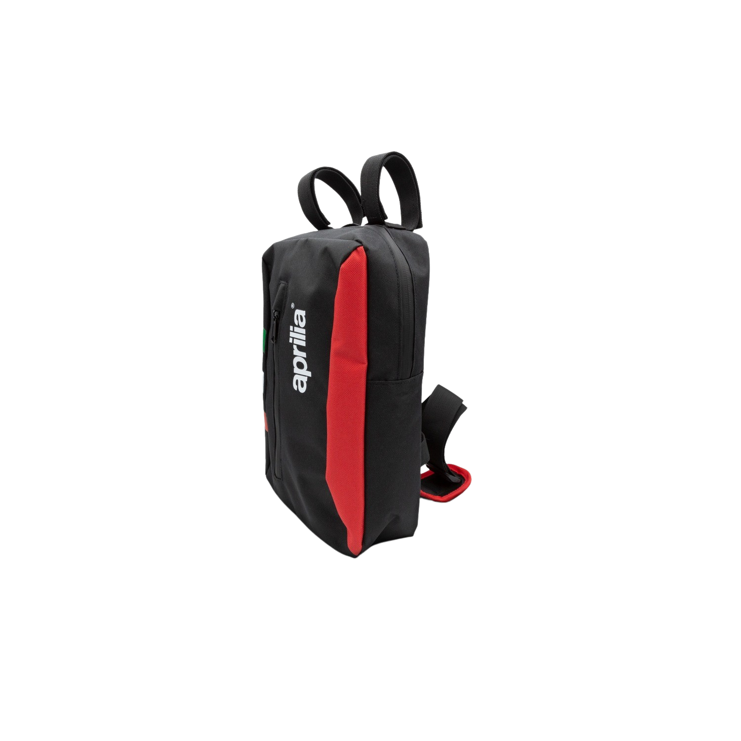 Uno zaino nero con una striscia rossa e il logo Aprilia su sfondo nero.