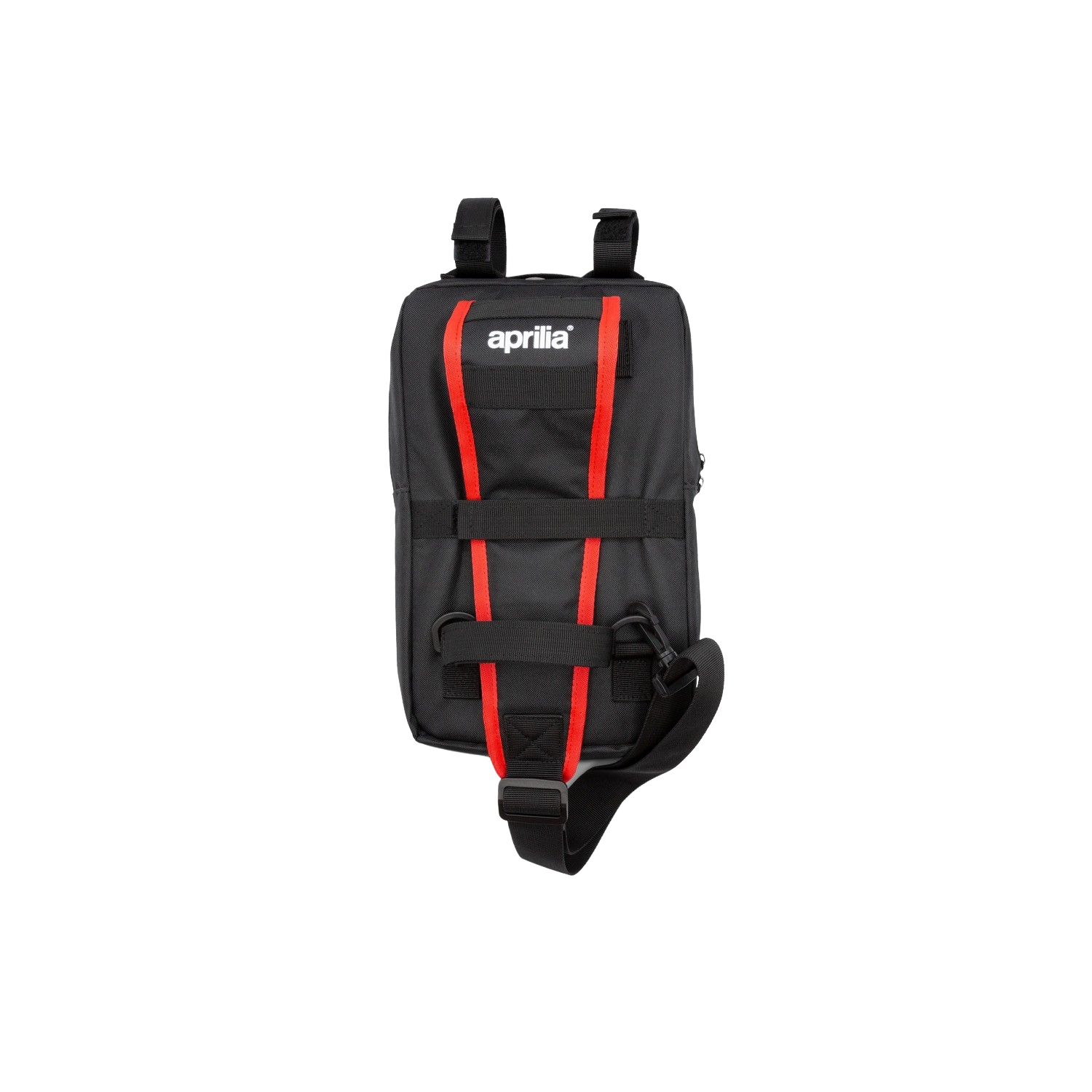 Borsa nera con cinghie rosse, scritta 'aprilia' in bianco e dettagli neri e rossi.