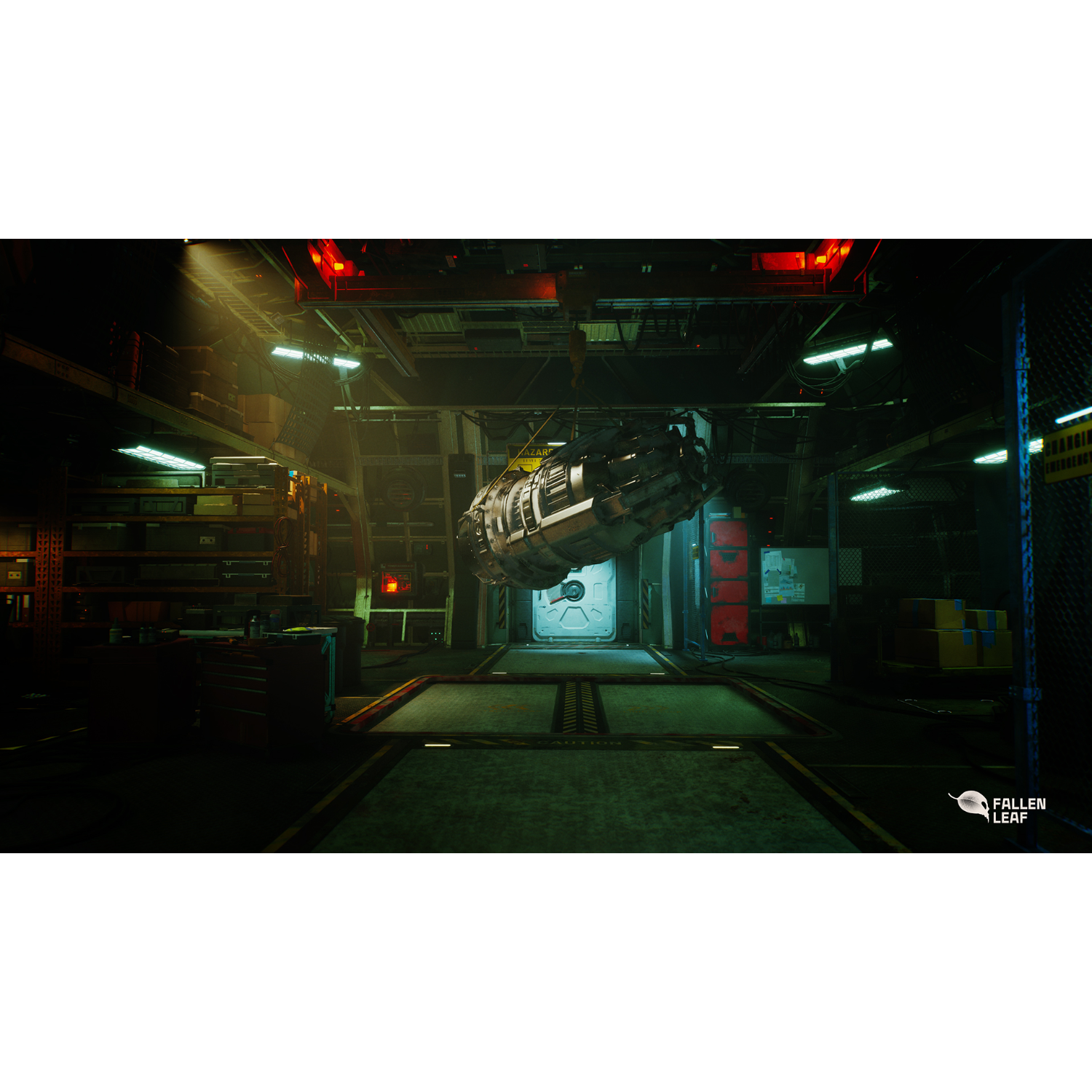 Wnętrze futurystycznego warsztatu z zawieszonym elementem statku kosmicznego.