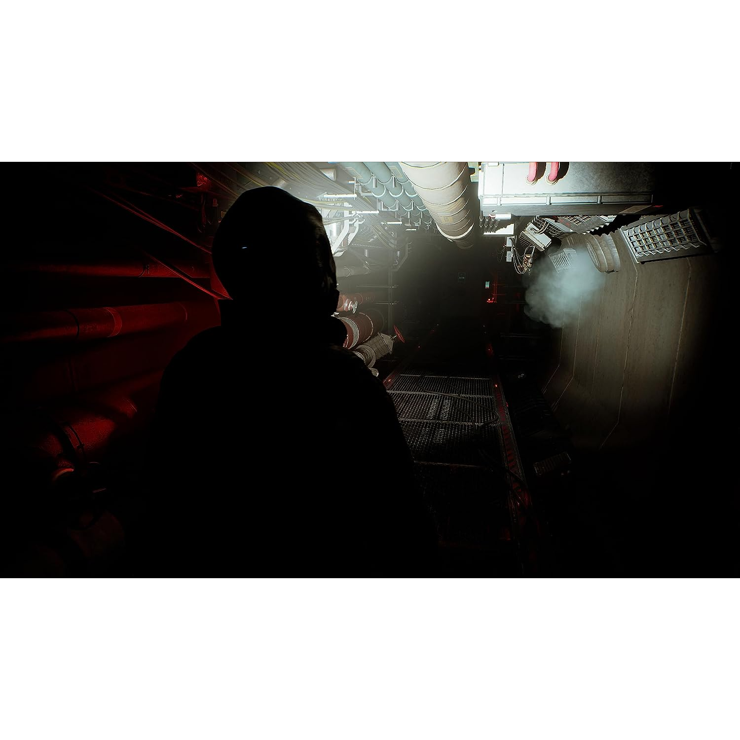 Osoba w ciemnej przestrzeni. Sylwetka ze światłem w oddali. Widać rury i maszyny.