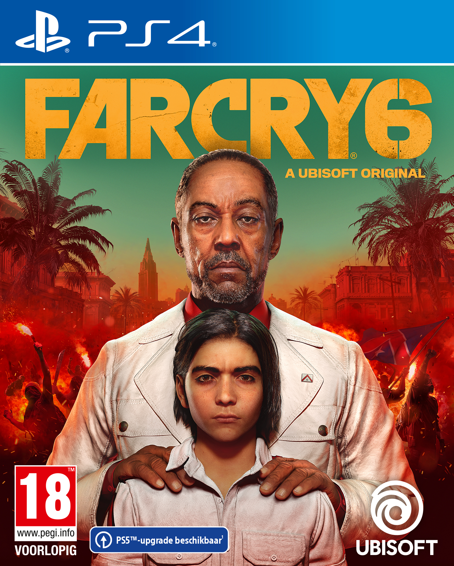 Copertina del gioco PlayStation 4 per Far Cry 6. La copertina presenta il protagonista con un uomo anziano.