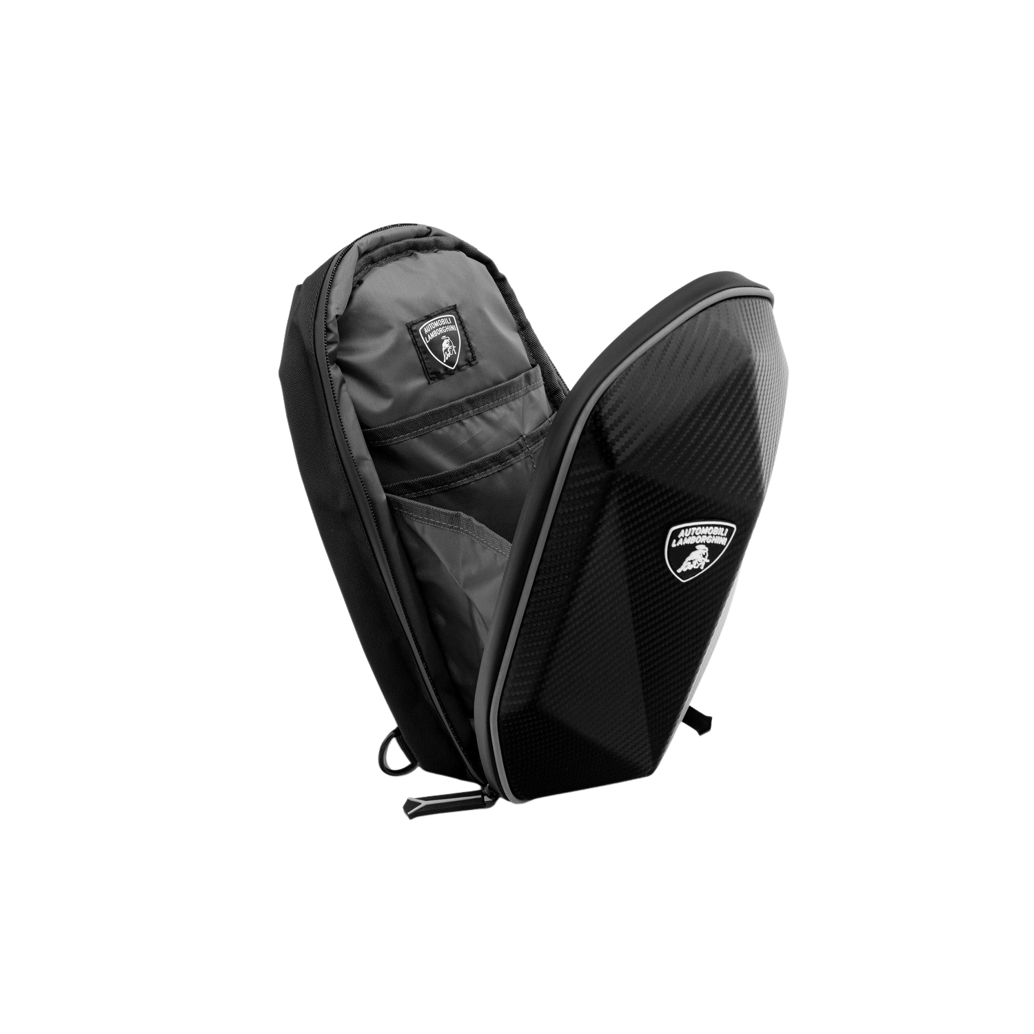 Zaino Lamborghini nero, aperto, mostra tasche interne, con un logo.
