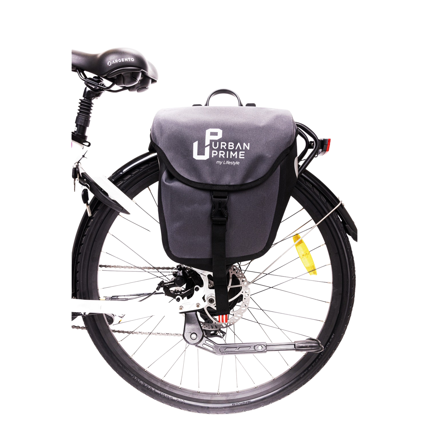 Szara torba rowerowa Urban Prime przymocowana do roweru. Torba ma logo Urban Prime.