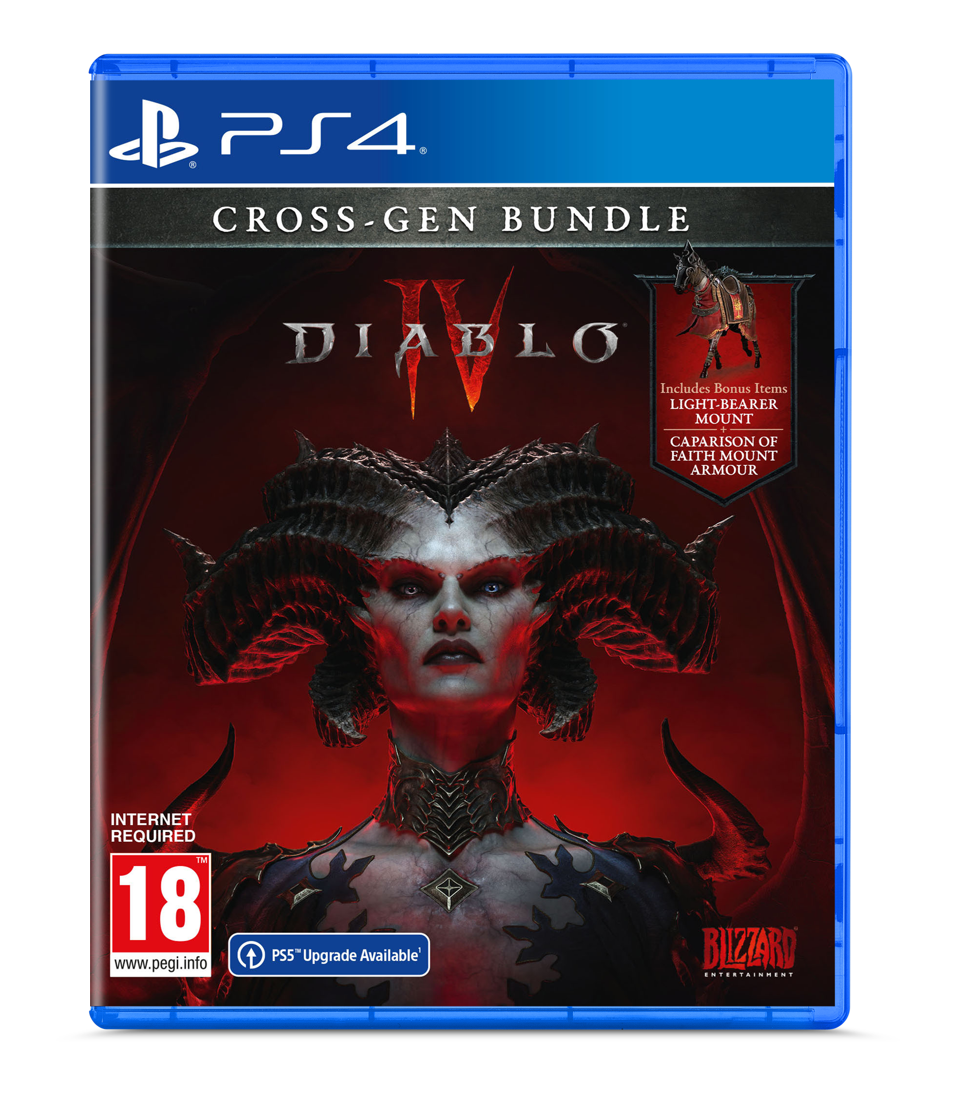 Grafika pudełka gry Diablo IV, przedstawiająca twarz kobiety na ciemnym tle z tekstem.