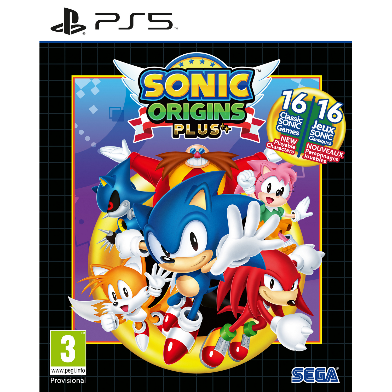 Pudełko gry Sonic Origins Plus. Sonic i przyjaciele z niebieskim tłem i dużą ilością tekstu.