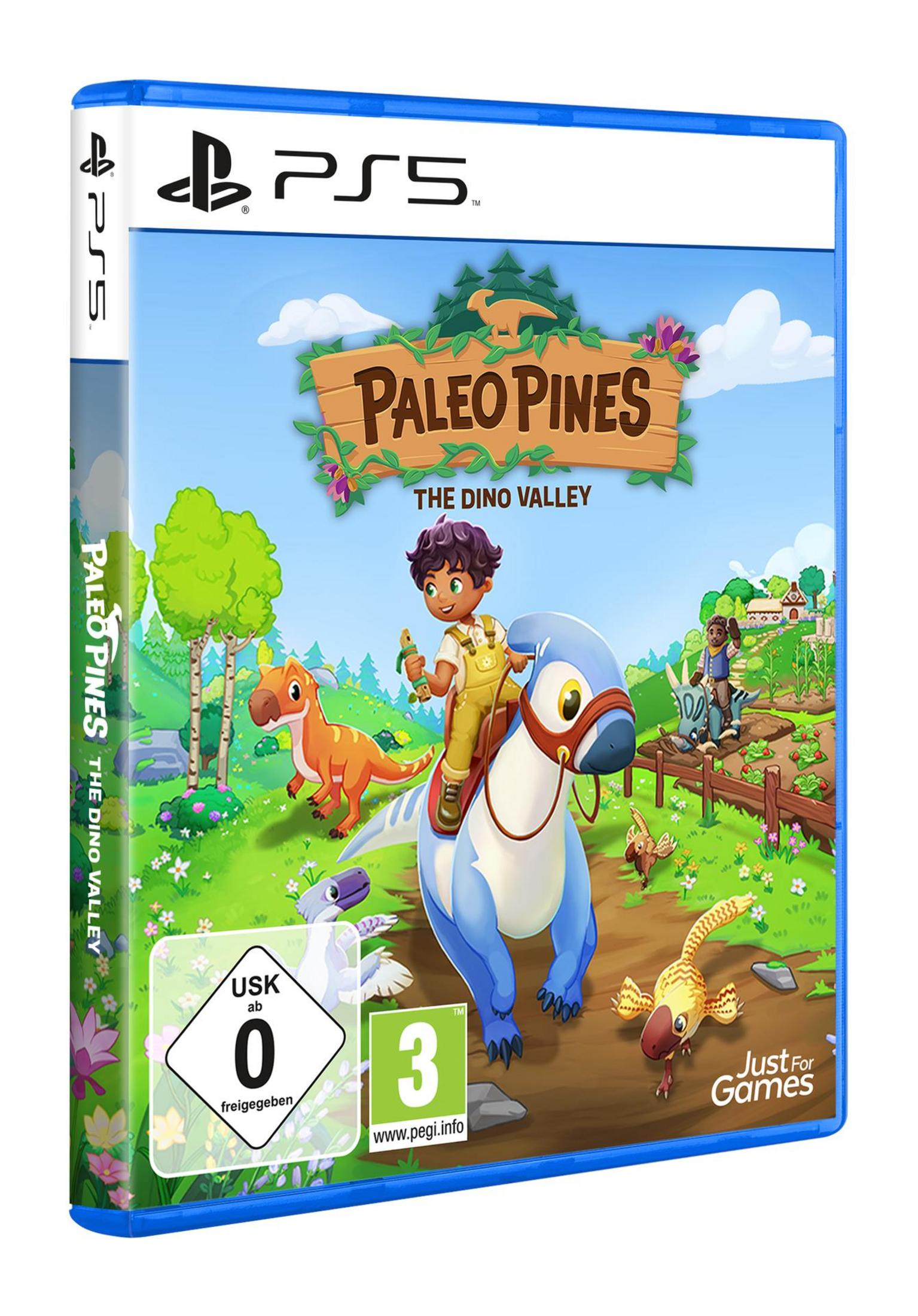 Spielbox-Art für Paleo Pines, mit einem Jungen, der auf einem Dinosaurier in einem Tal reitet.