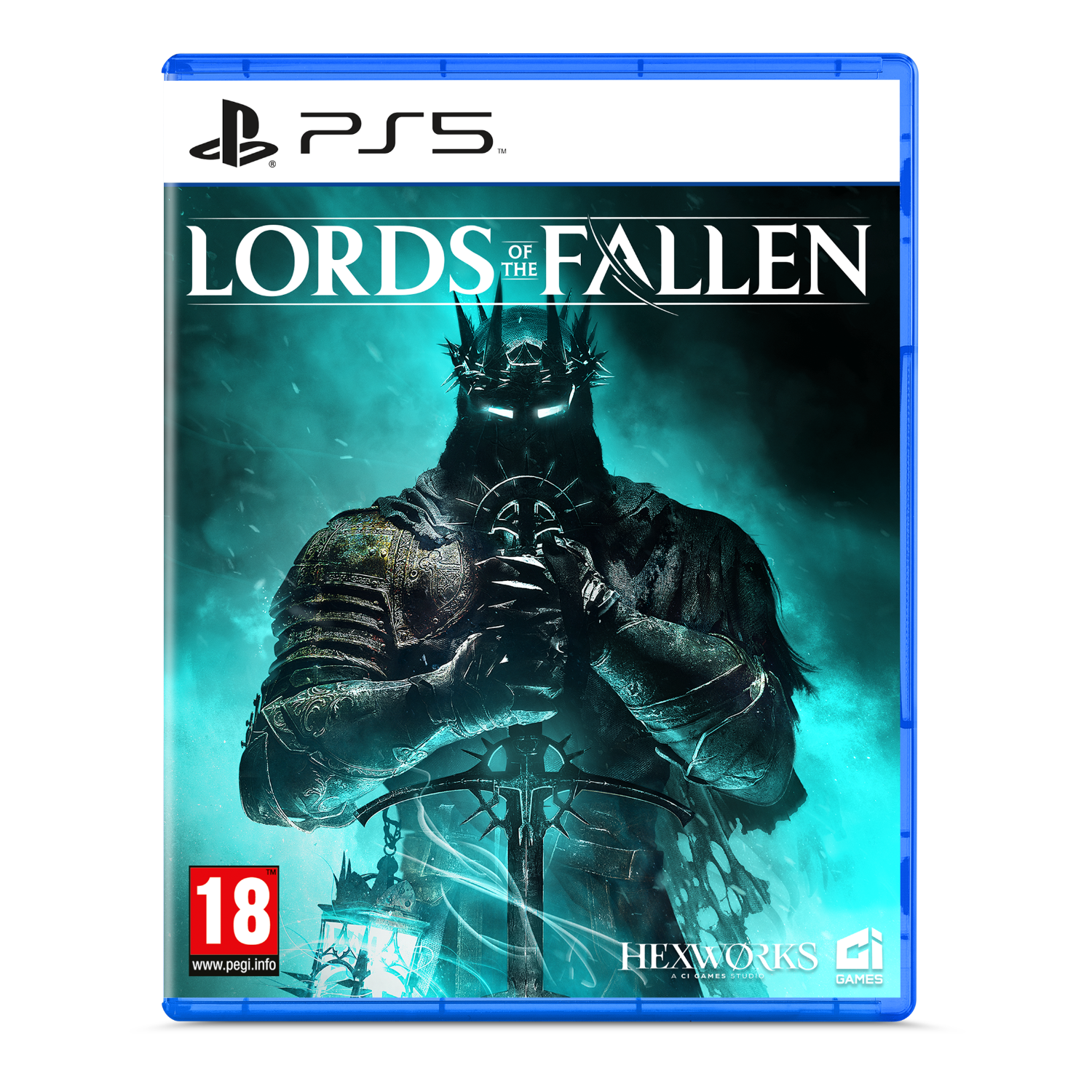 Okładka gry z rycerzem w zbroi ze świecącą koroną i mieczem. Tytuł to Lords of the Fallen.
