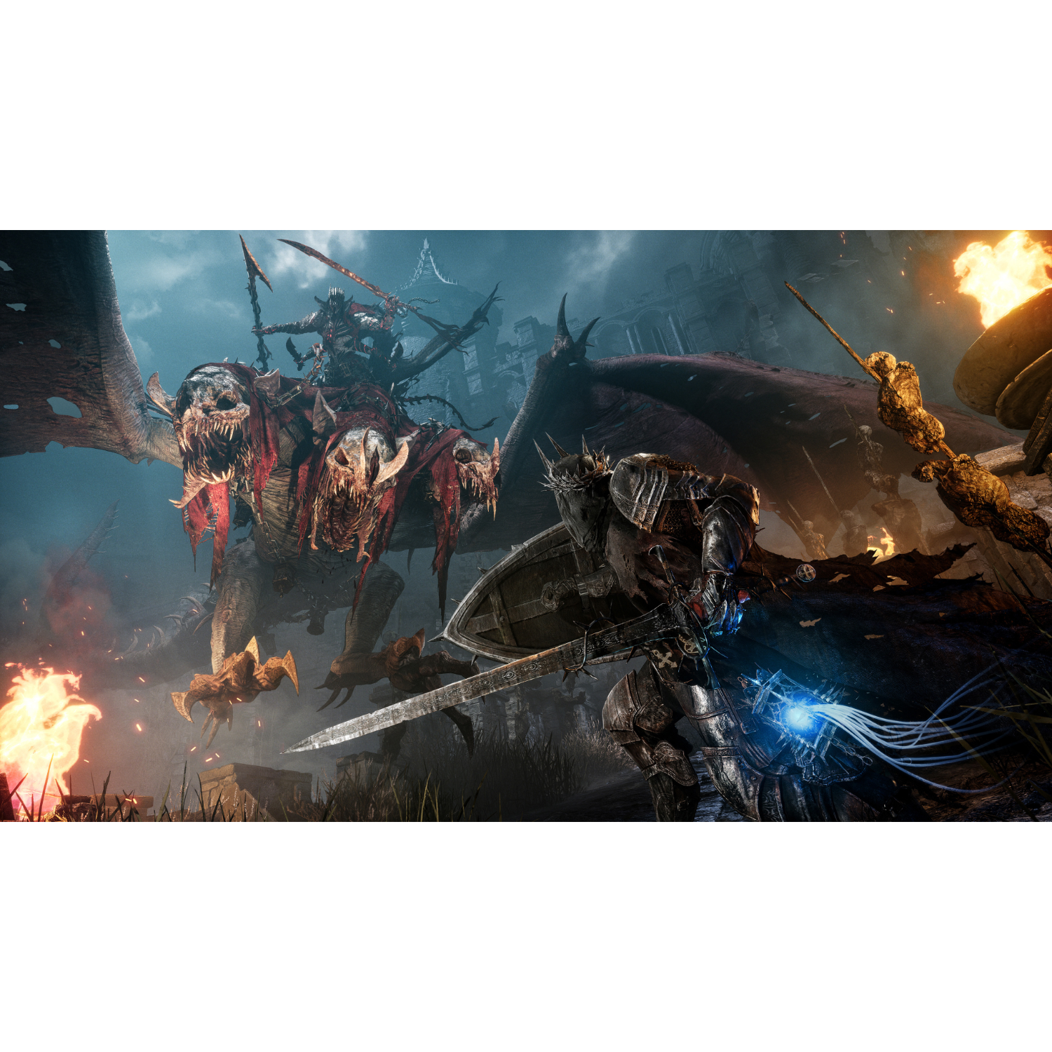 Scena bitwy z gry fantasy z rycerzami i smokiem.