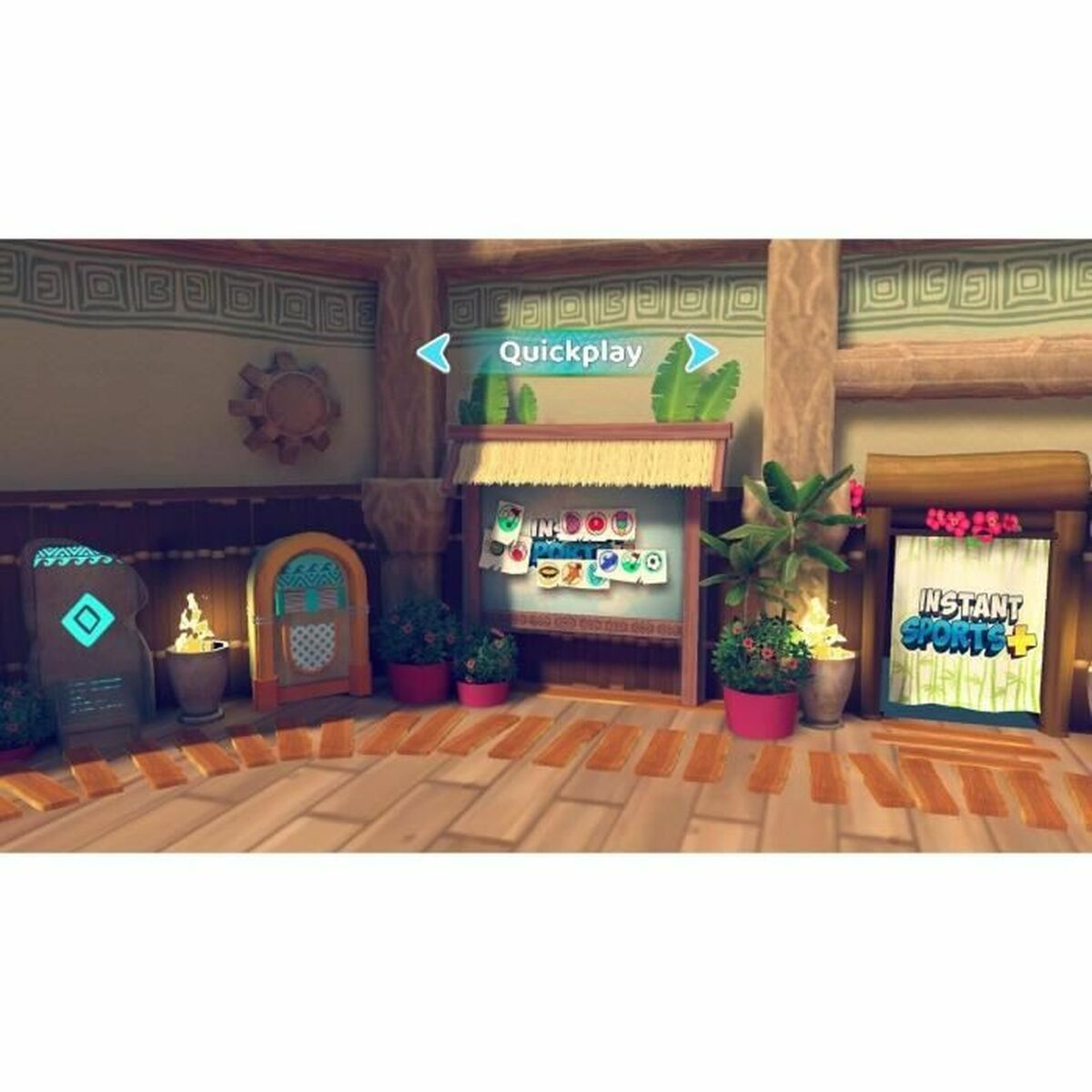 Un interior renderizado en 3D con un letrero de Quickplay y un puesto de juegos con plantas.