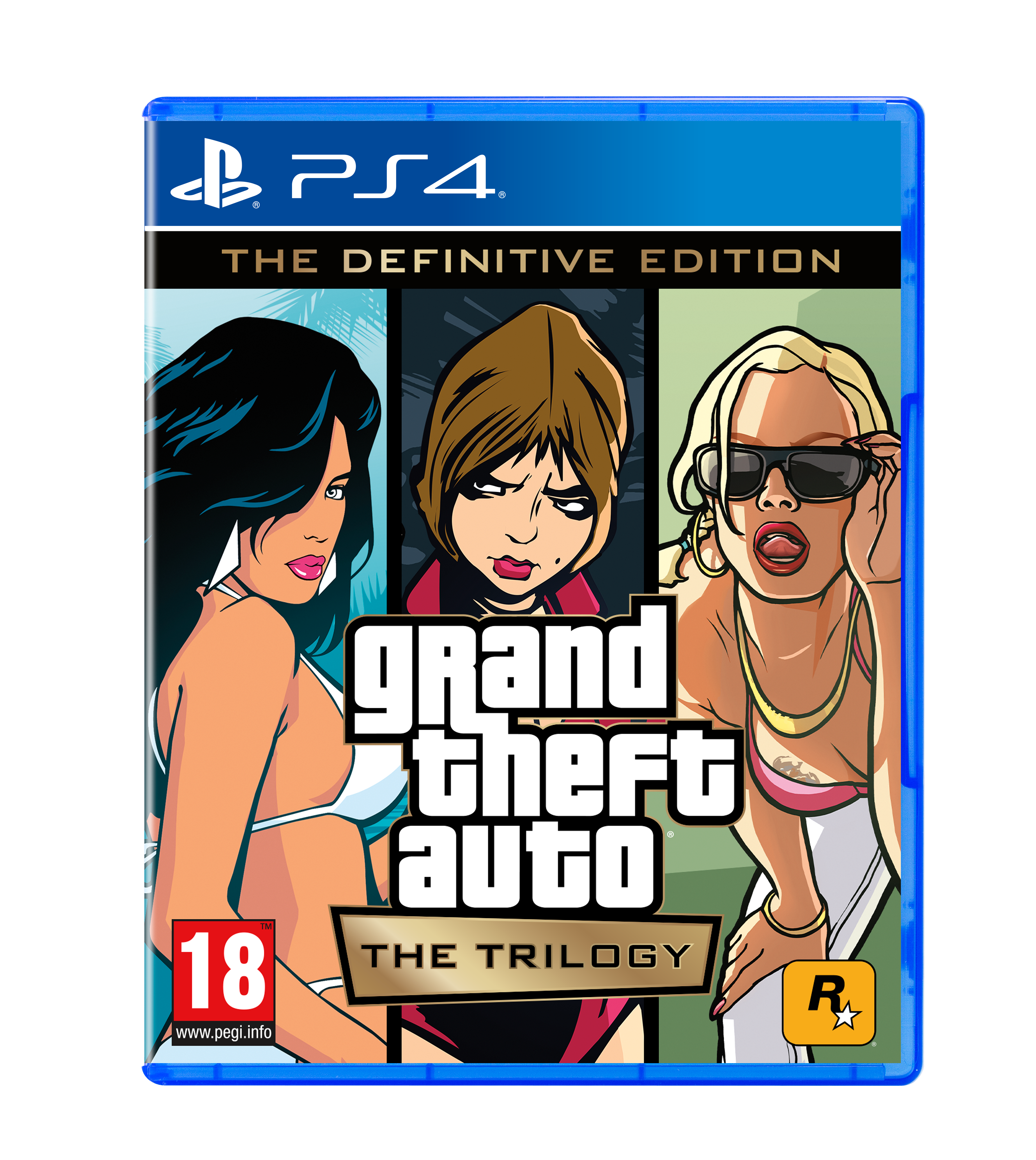 Grand Theft Auto: The Trilogy - The Definitive Edition PS4 game cover met drie vrouwen.