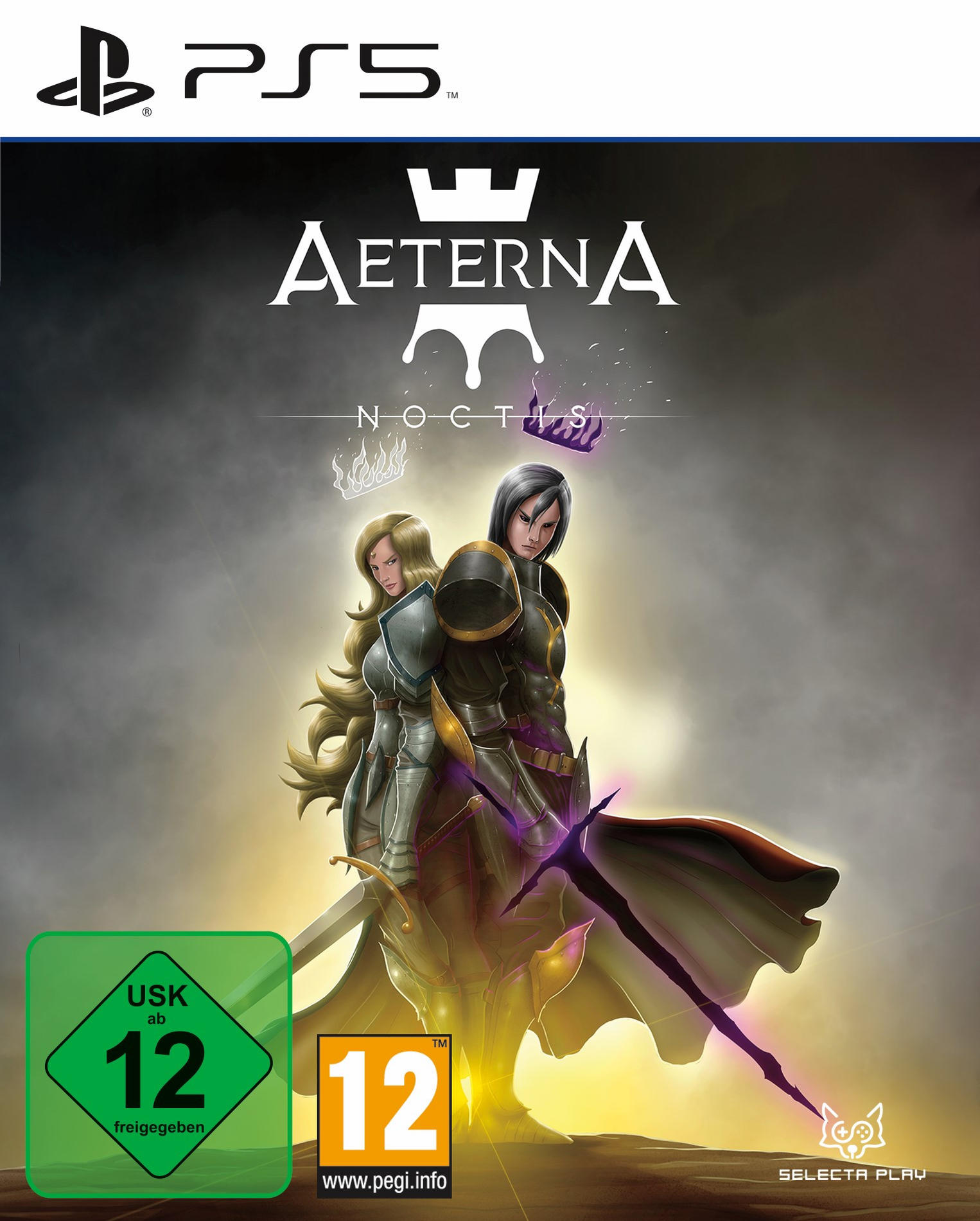 Pudełko z grą PS5 dla Aeterna Noctis. Dwie postacie na okładce, z ciemnym tłem.