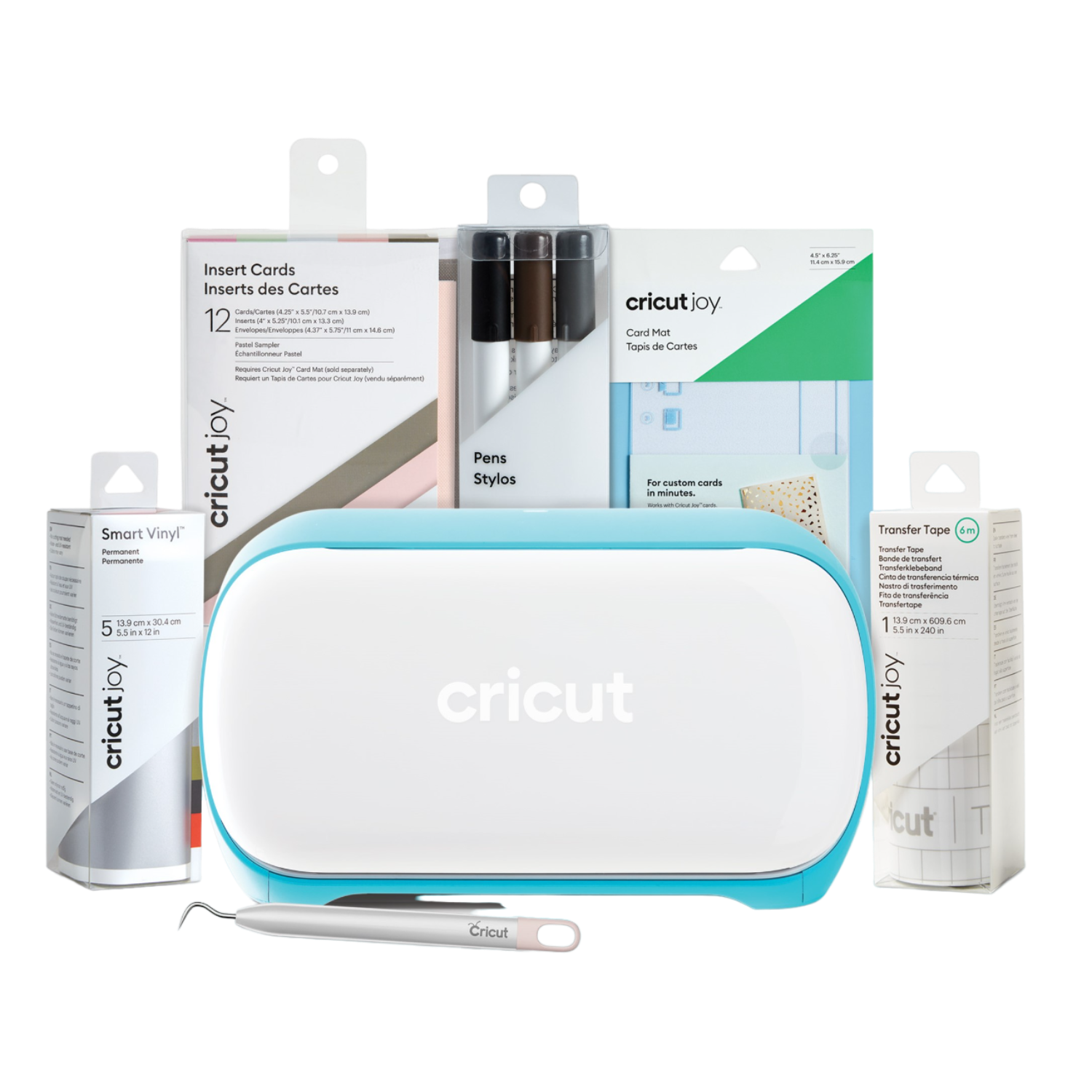 Macchina Cricut Joy con accessori: biglietti, penne, vinile, nastro transfer e attrezzo.