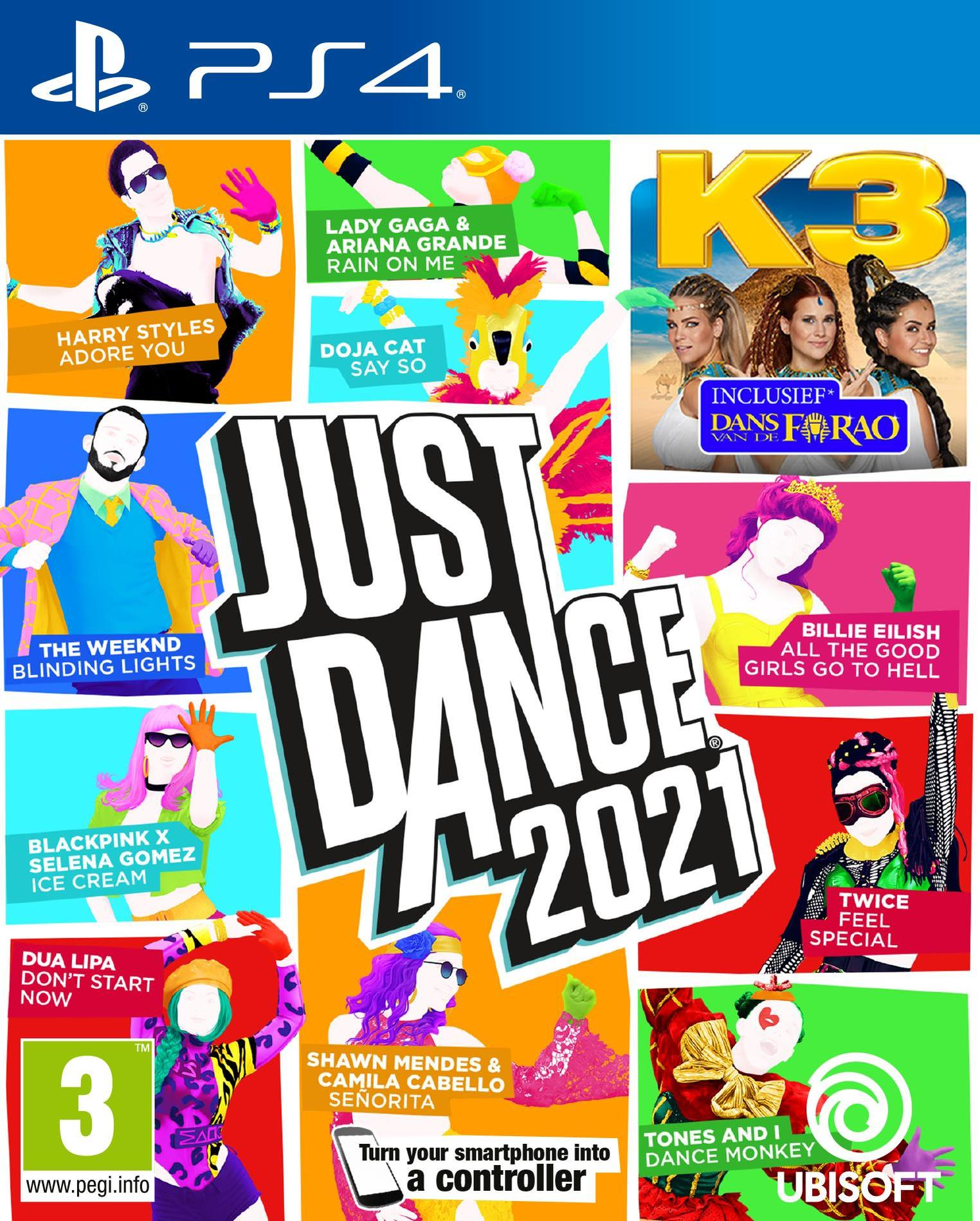 Copertina del gioco: 'JUST DANCE 2021' con molti ballerini e titoli di canzoni visualizzati.