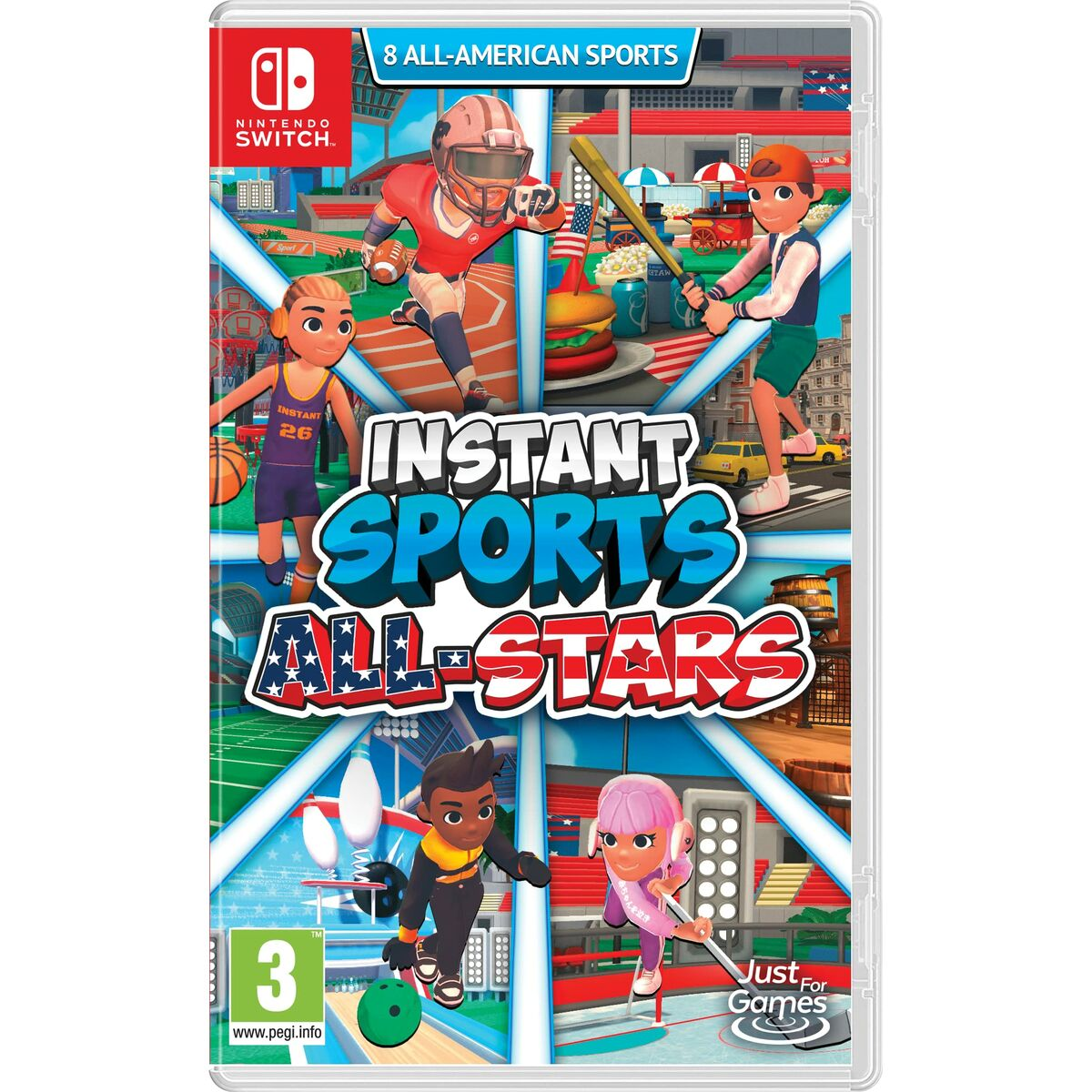 Nintendo Switch Spielebox. Cover zeigt Sportfiguren und Spieletitel. Rot, weiß, blaue Farben.