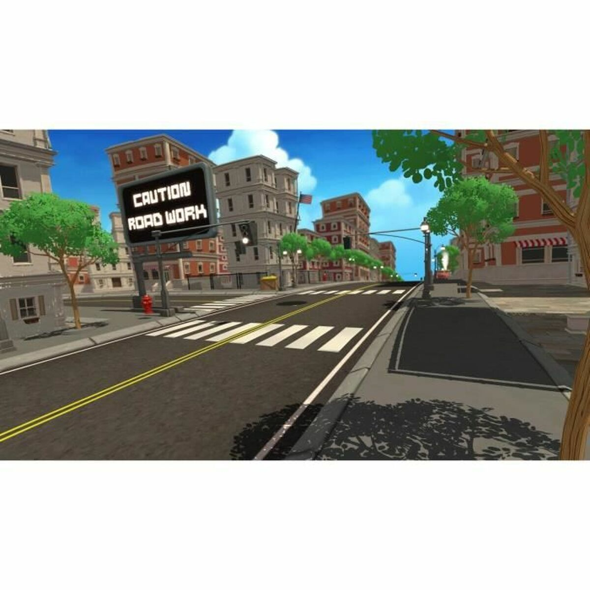 Eine cartoonartige Straßenszene mit Gebäuden, Bäumen und einem Baustellenschild in der Ferne.