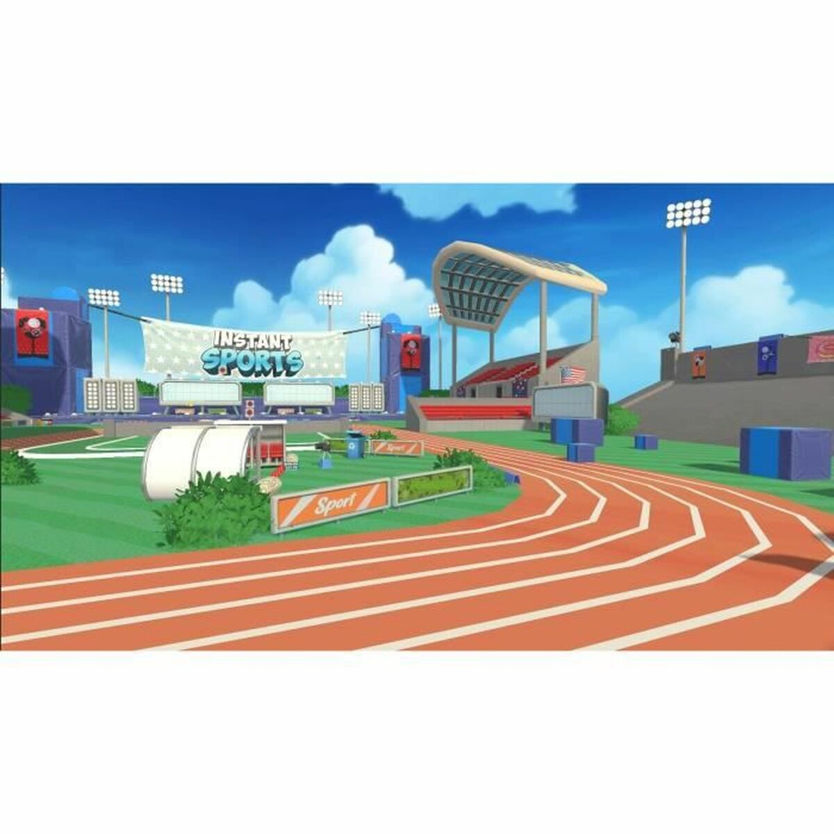 Ein farbenfrohes Cartoon-Sportstadion mit Bahnen und einer großen Leinwand.