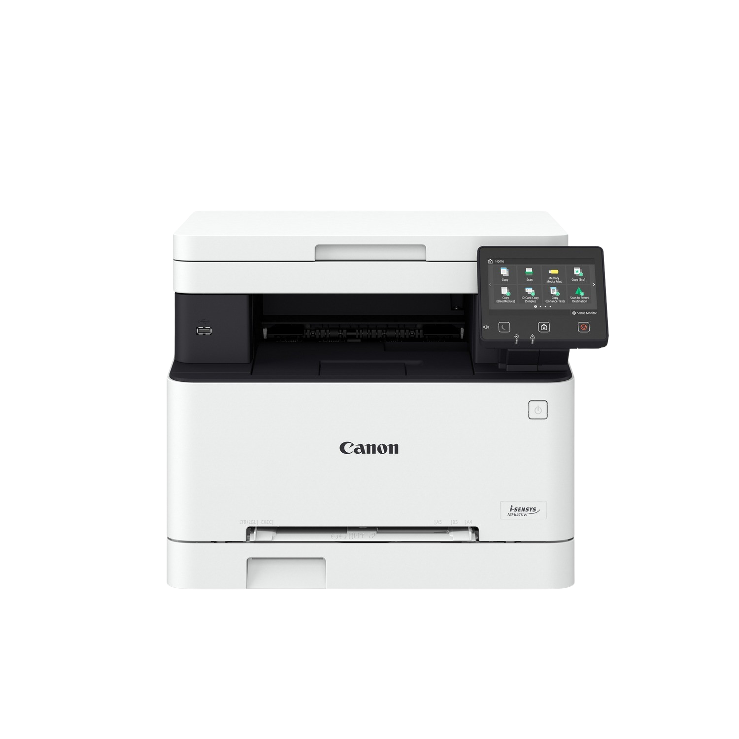 Biała drukarka Canon z czarnym panelem sterowania i ekranem. Na czarnym tle.