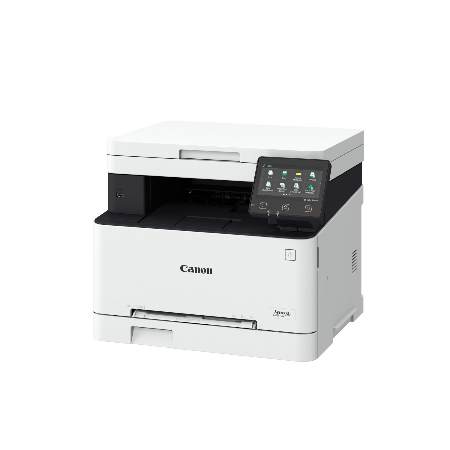 Biała drukarka Canon z czarnym panelem sterowania i podajnikiem papieru.