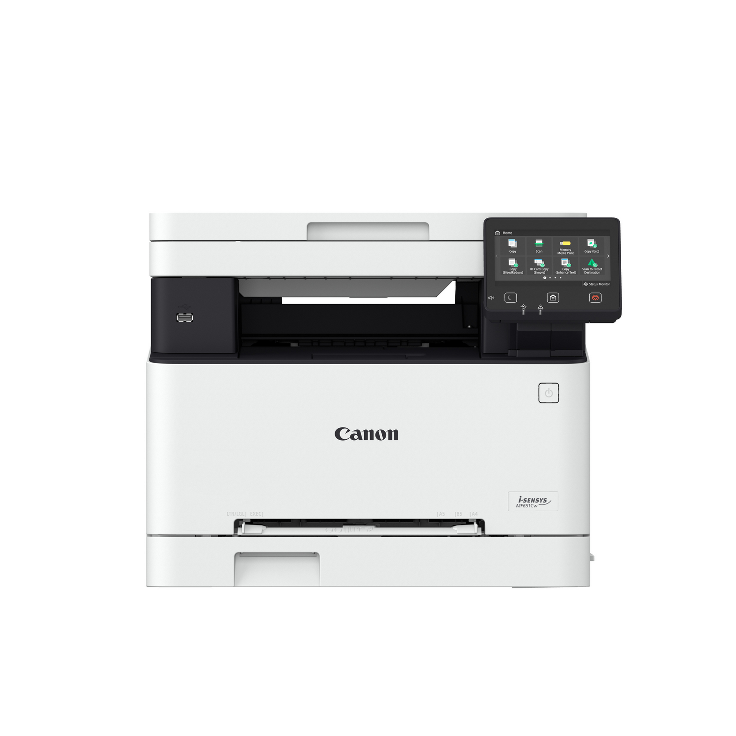 Drukarka Canon na białym tle. Drukarka jest w większości biała.