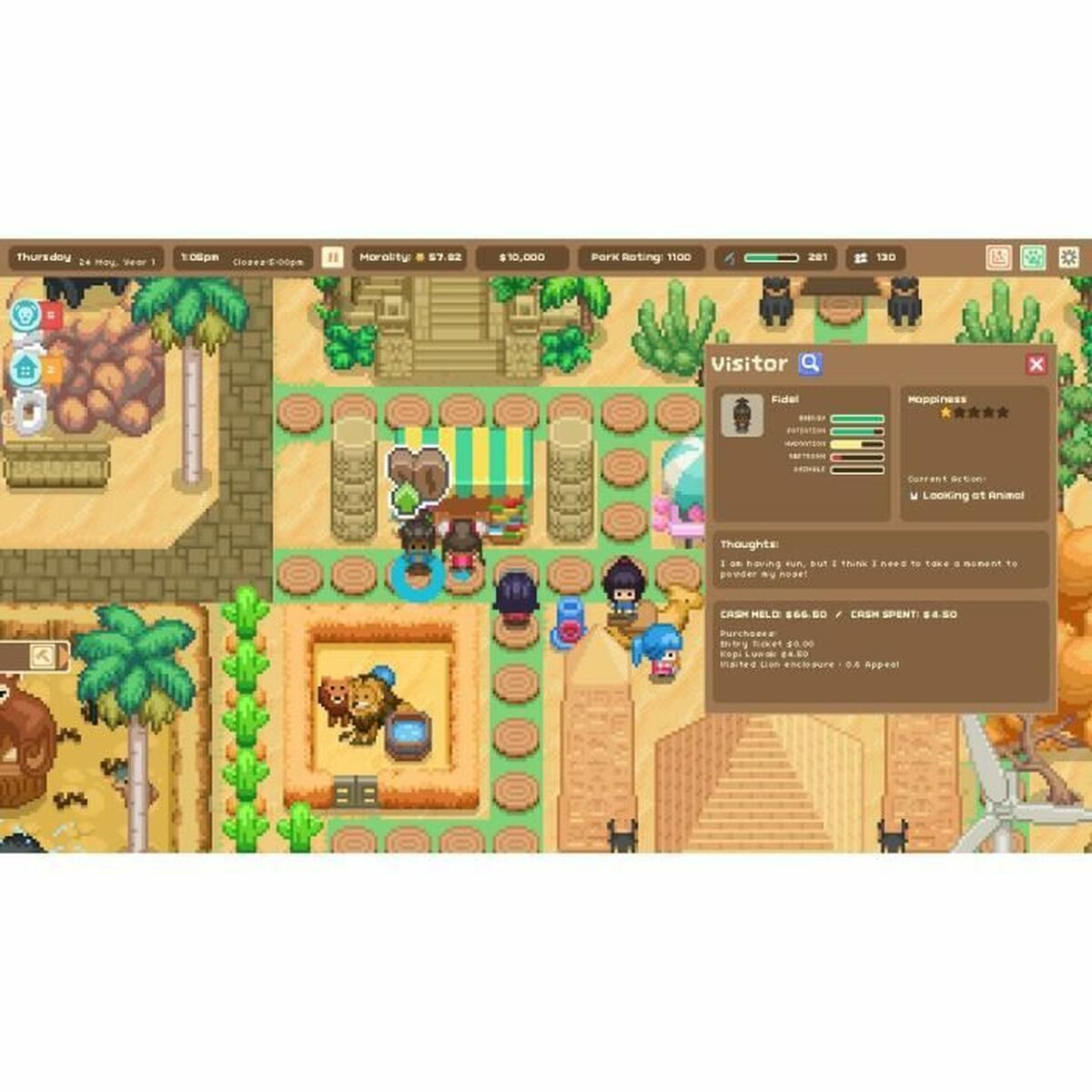 Verpixelter Spiel-Screenshot, der einen Besucher zeigt, der mit einem Zoo-Exponat interagiert.