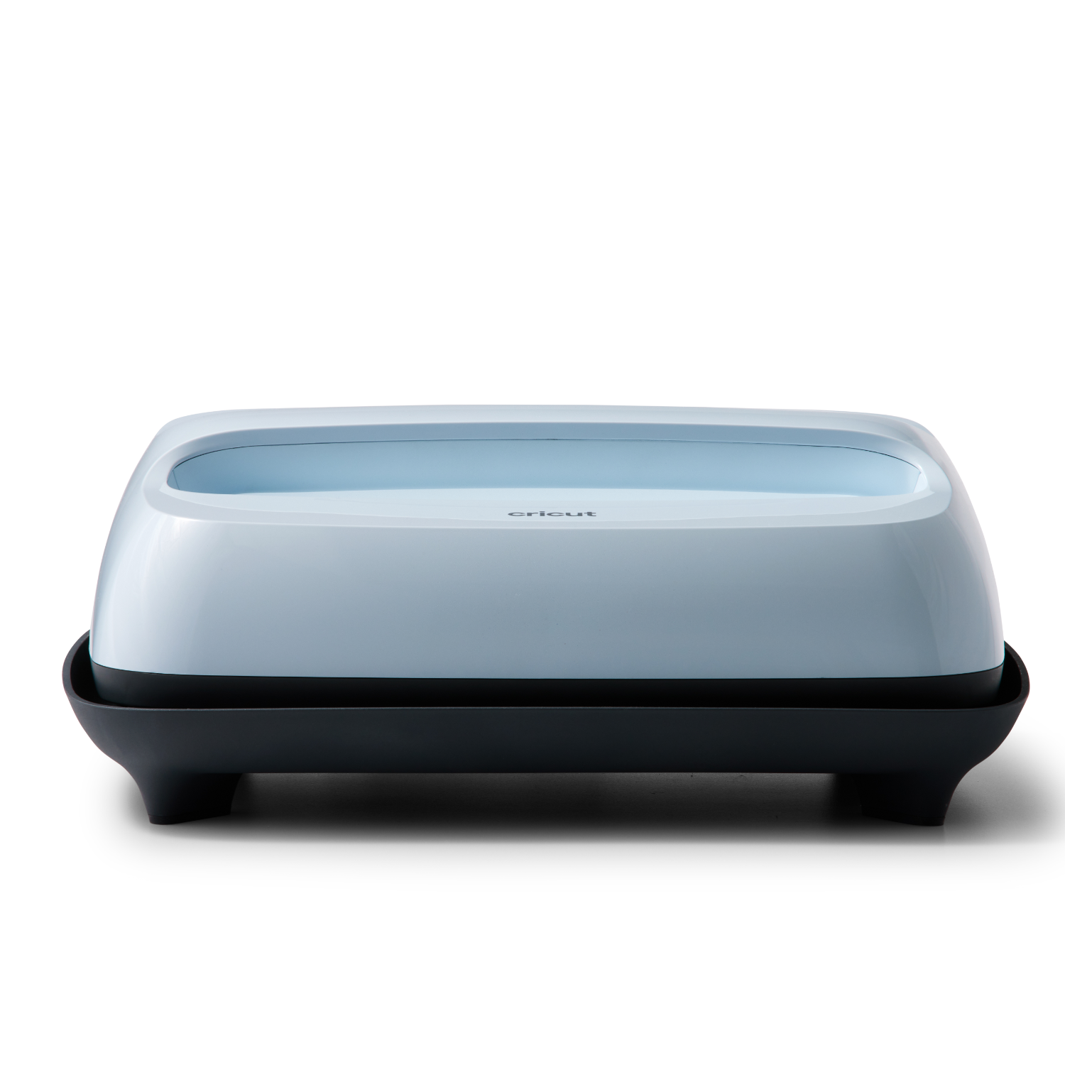 Una pressa a caldo Cricut azzurra con base nera su sfondo bianco.