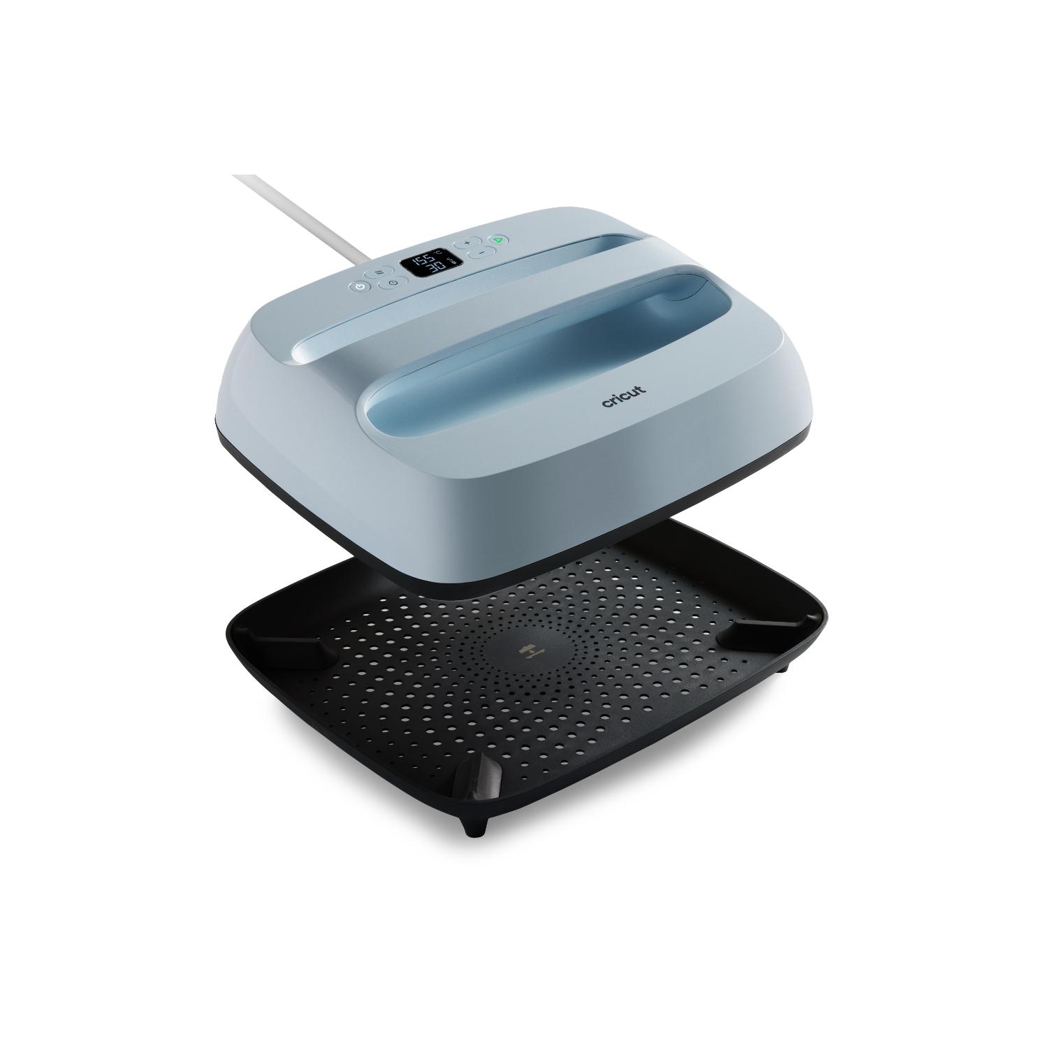 Una Cricut EasyPress azzurra con base nera, aperta su sfondo bianco.