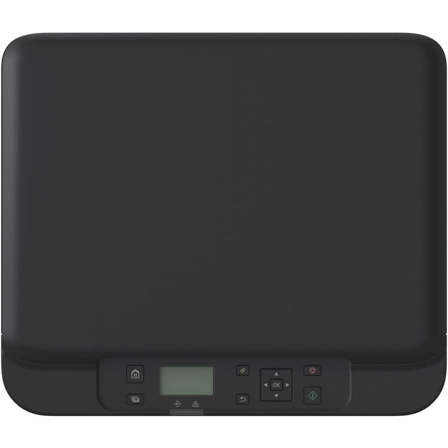 Czarna drukarka HP z panelem sterowania i przyciskami. Drukarka jest widoczna z góry.