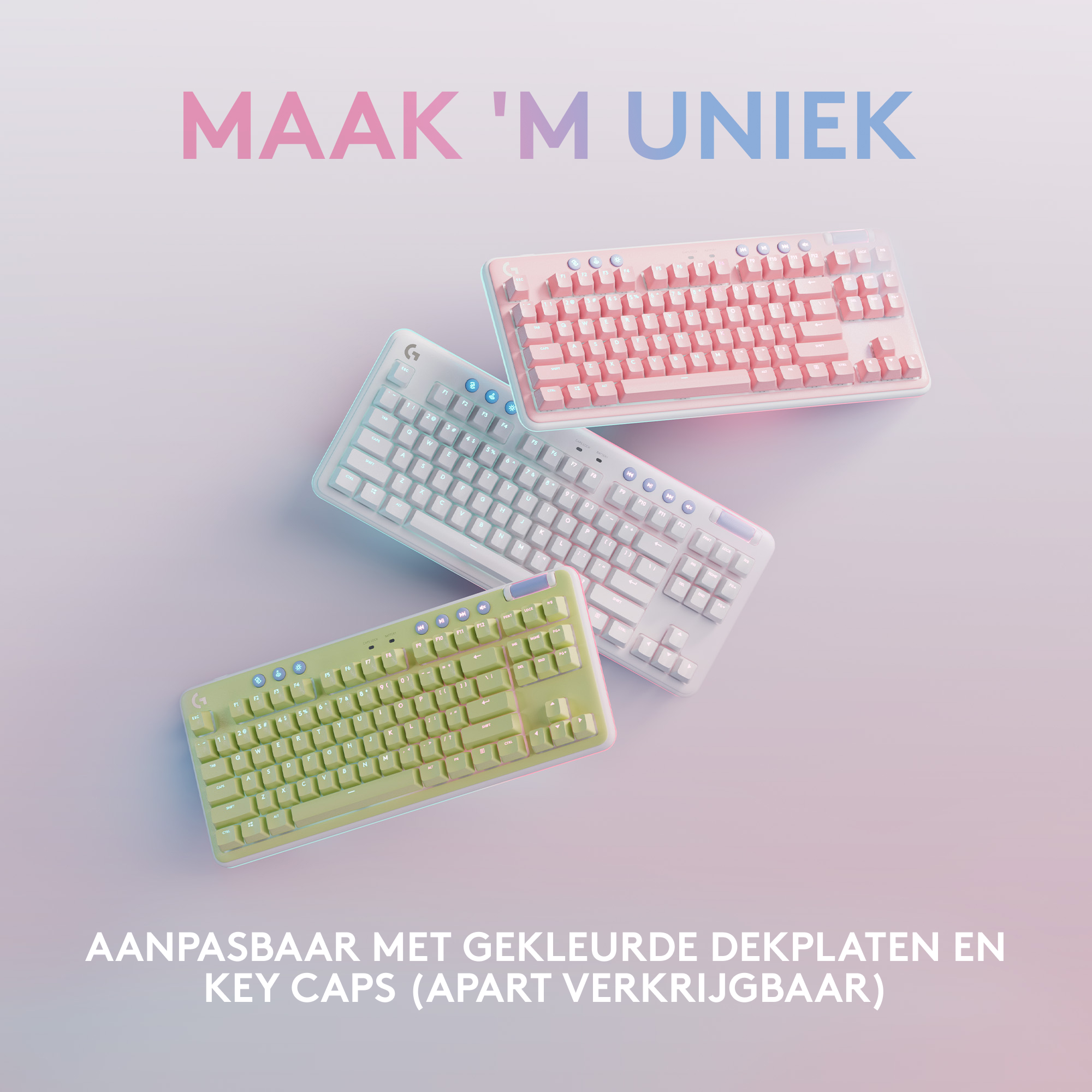 Tre tastiere con colori arcobaleno, rosa, bianco e verde. Il testo dice 'MAAK 'M UNIEK' e 'AANPASBAAR'.