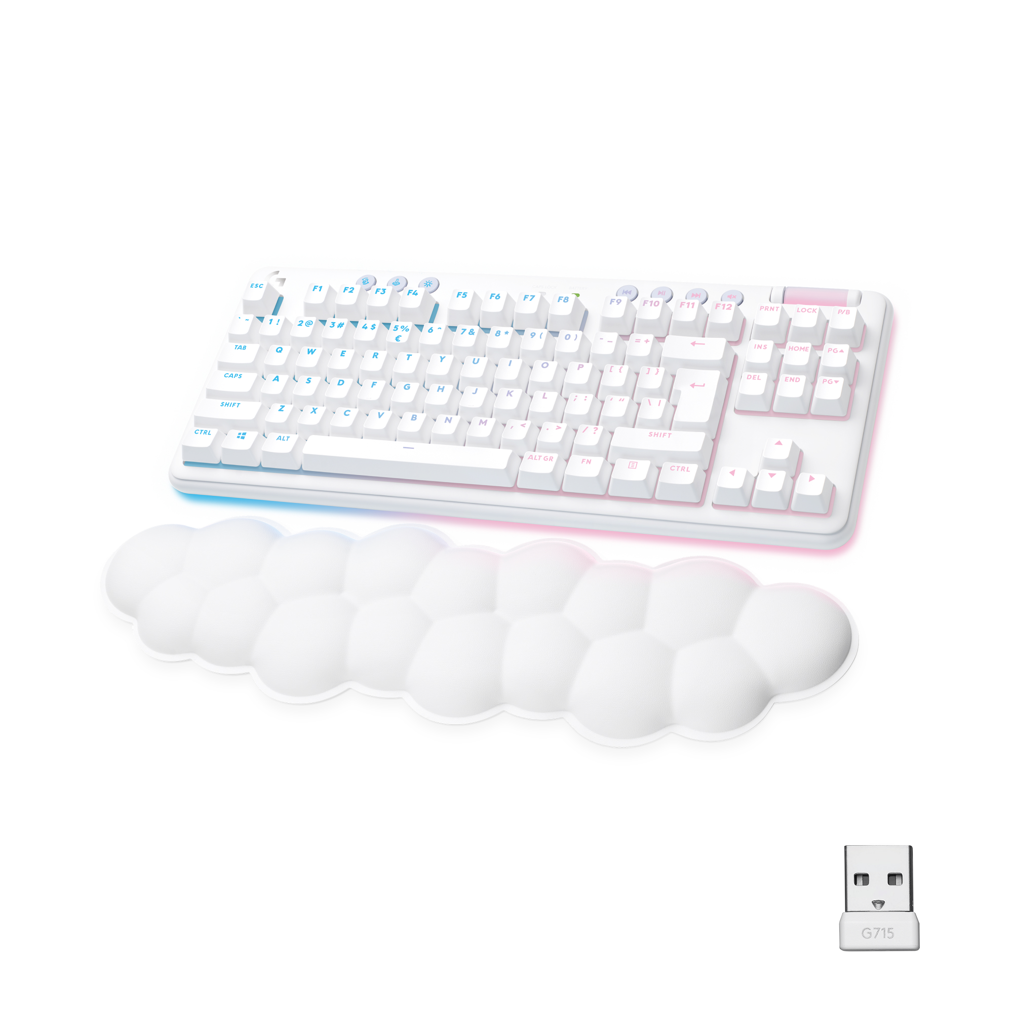 Tastiera bianca con poggiapolsi a forma di nuvola bianca e dongle USB.