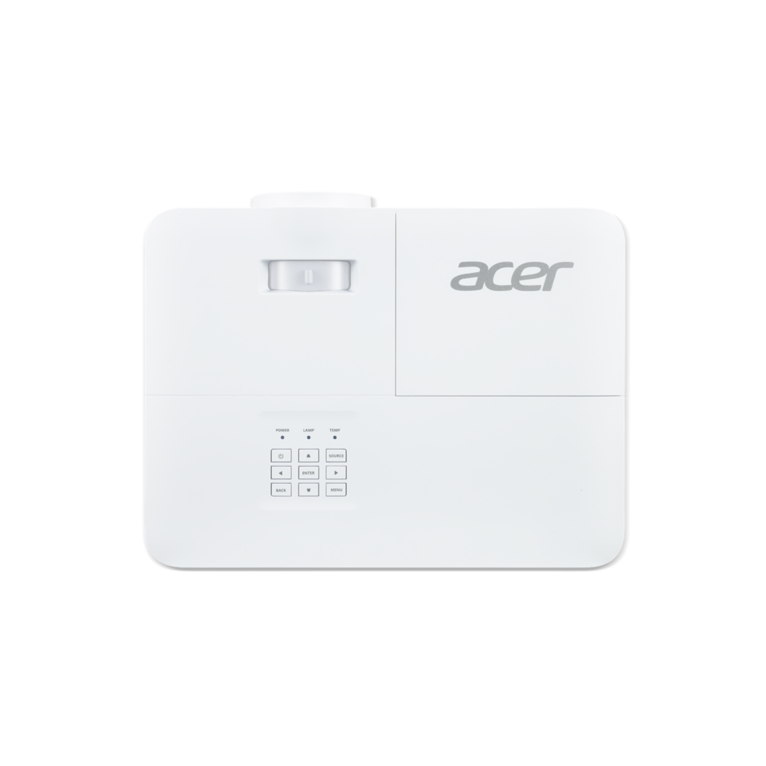 Biały projektor Acer z przyciskami zasilania, lampy, źródła i menu oraz srebrnym logo Acer.