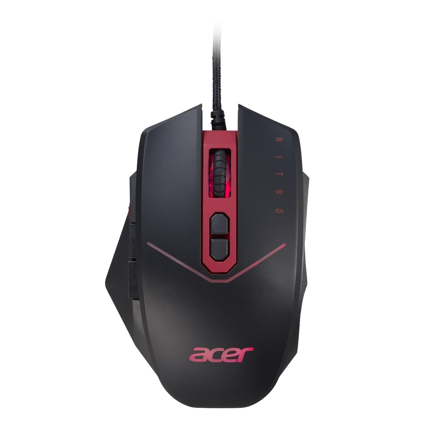 Un mouse da gioco nero con dettagli rossi e il marchio "acer". Sfondo nero.